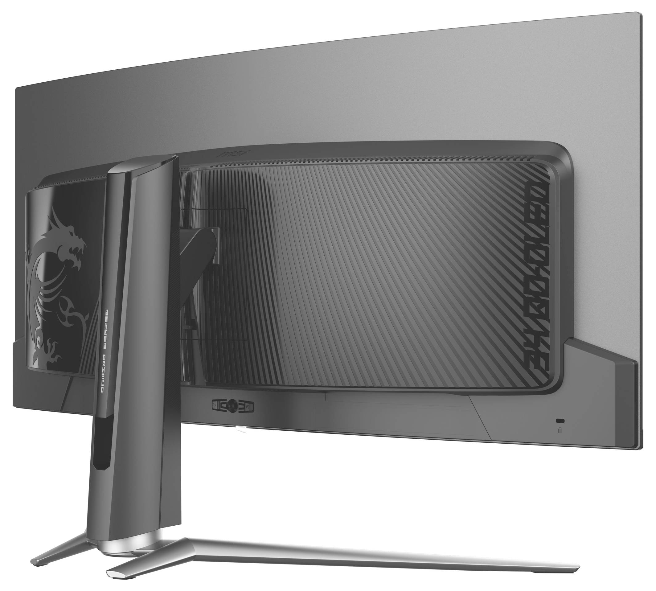 Zadní pohled na monitor s širokouhlou obrazovkou se štíhlým kovovým stojanem, ukazující strukturovaný zadní panel a značkovou grafiku na boku.