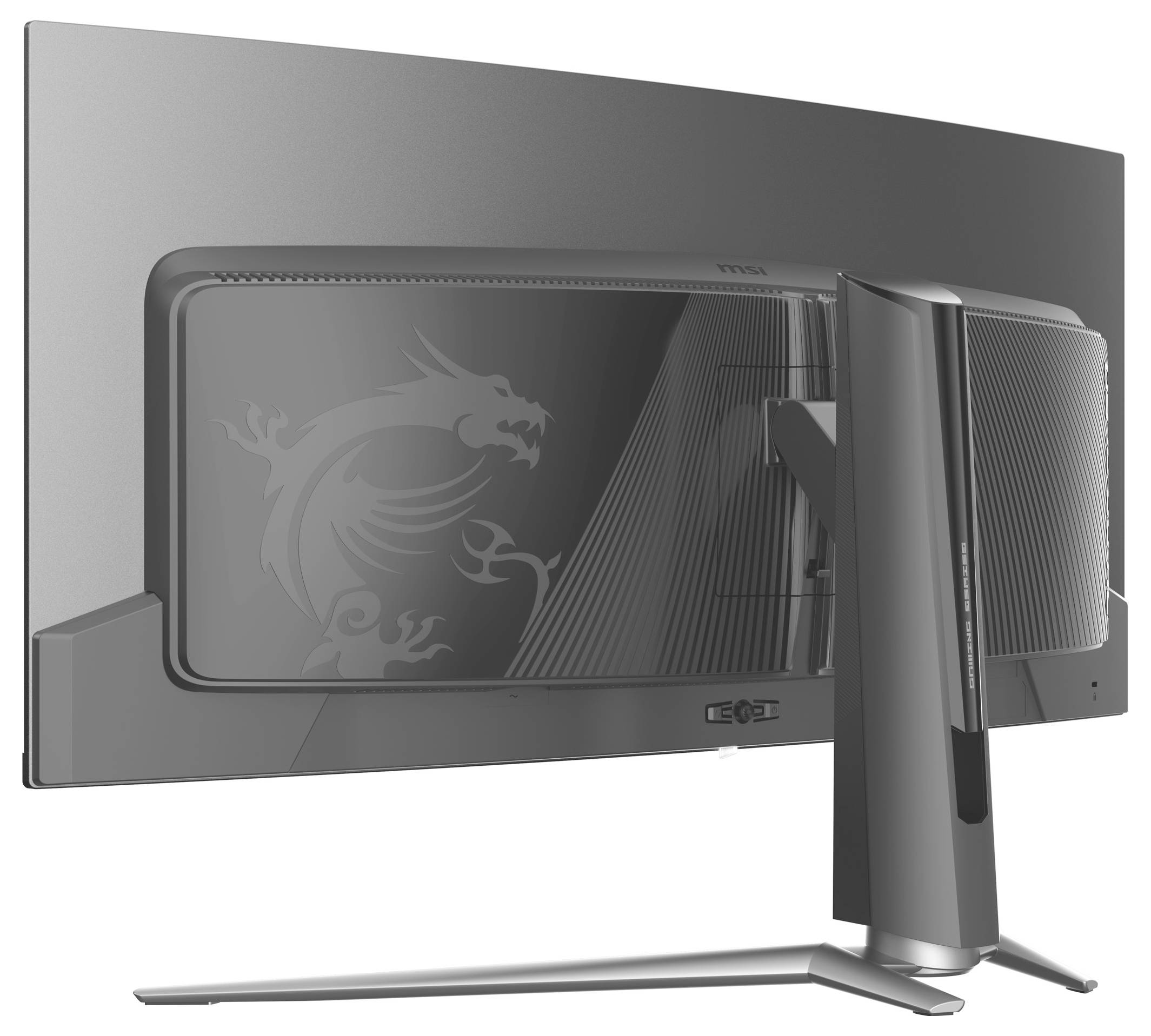 Zadní pohled na rozhlasový počítačový monitor s vyrytým logem draka, s zakřiveným designem a elegantním stojanem.