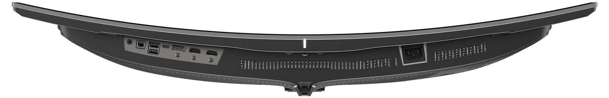 Zadní pohled na zakřivený počítačový monitor ukazující různé porty, včetně HDMI, USB a napájecích konektorů.