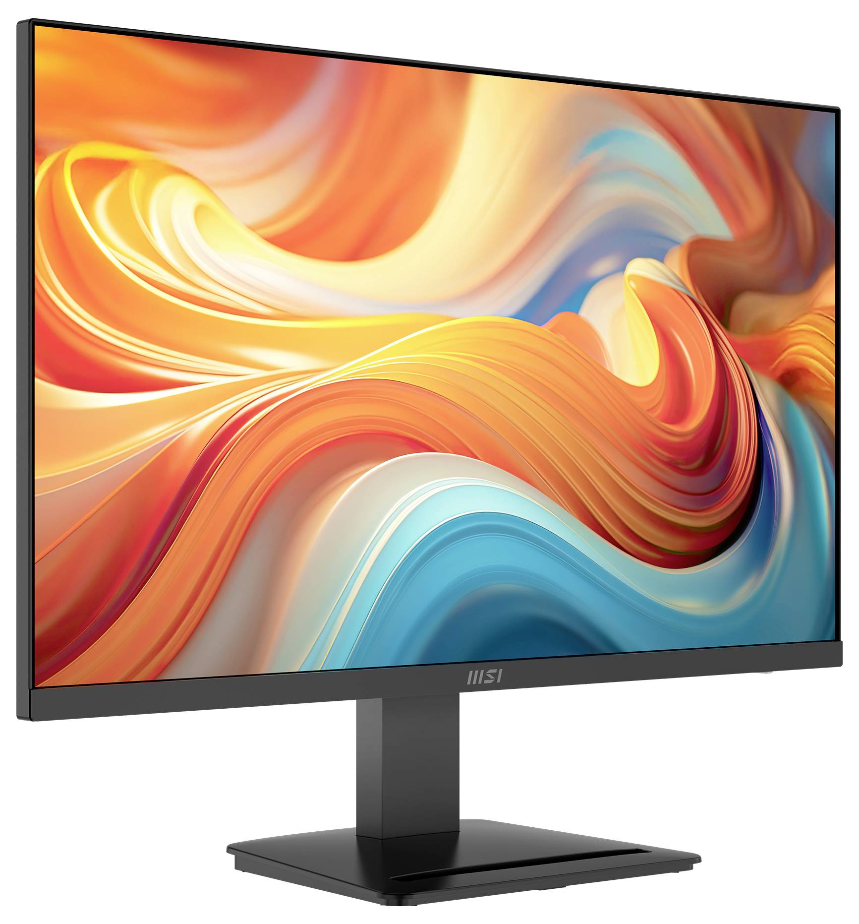 Elegantní, moderní počítačový monitor zobrazující živou, abstraktní vortex oranžové, žluté a modré barvy. Obrazovka je od kraje ke kraji, což vytváří bezproblémový vzhled.