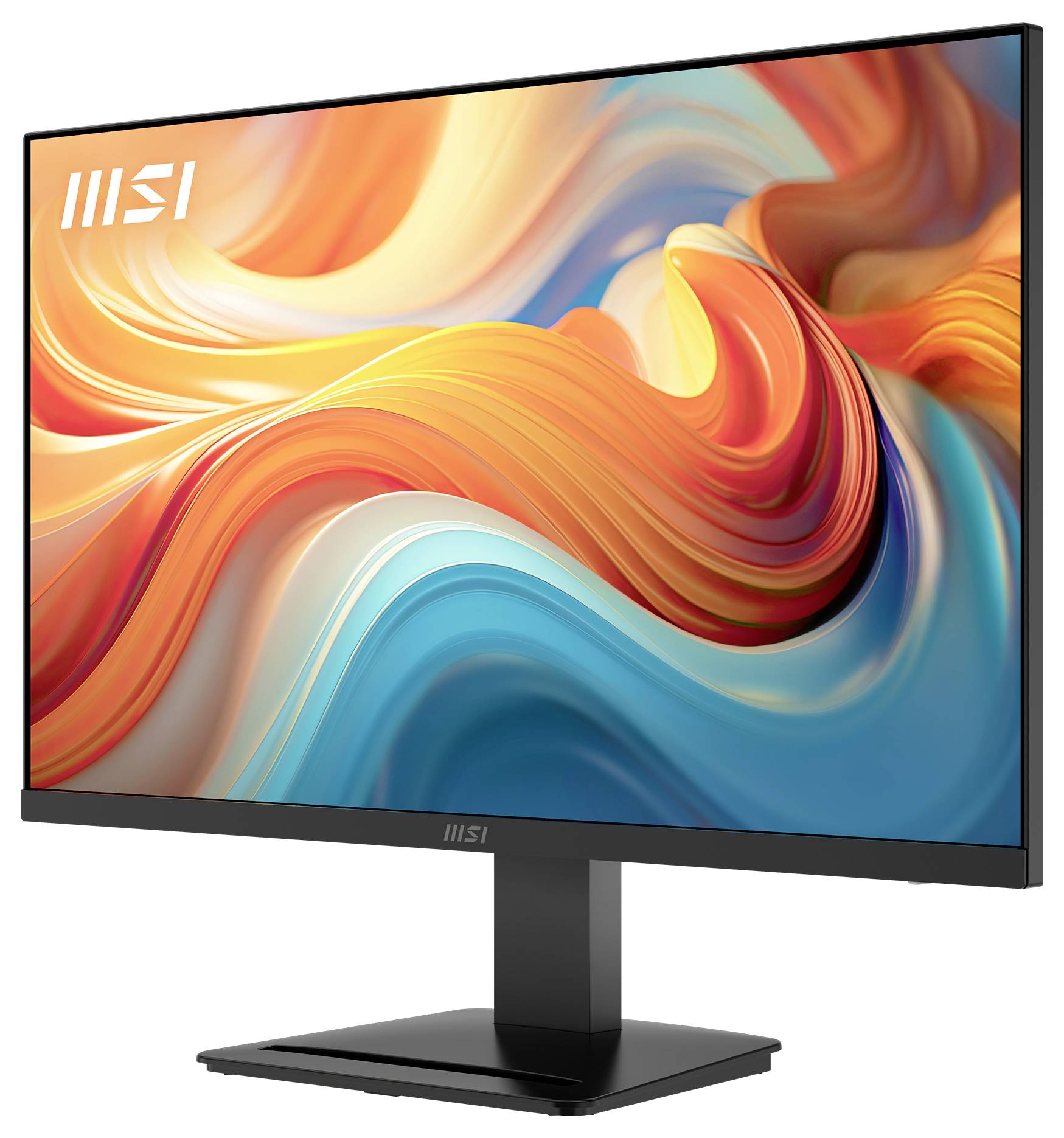 Moderní monitorpočítače s úzkými rámečky okolo obrazovky zobrazující vibrující, abstraktní design se spirálovitými vzory v oranžové a modré barvě.