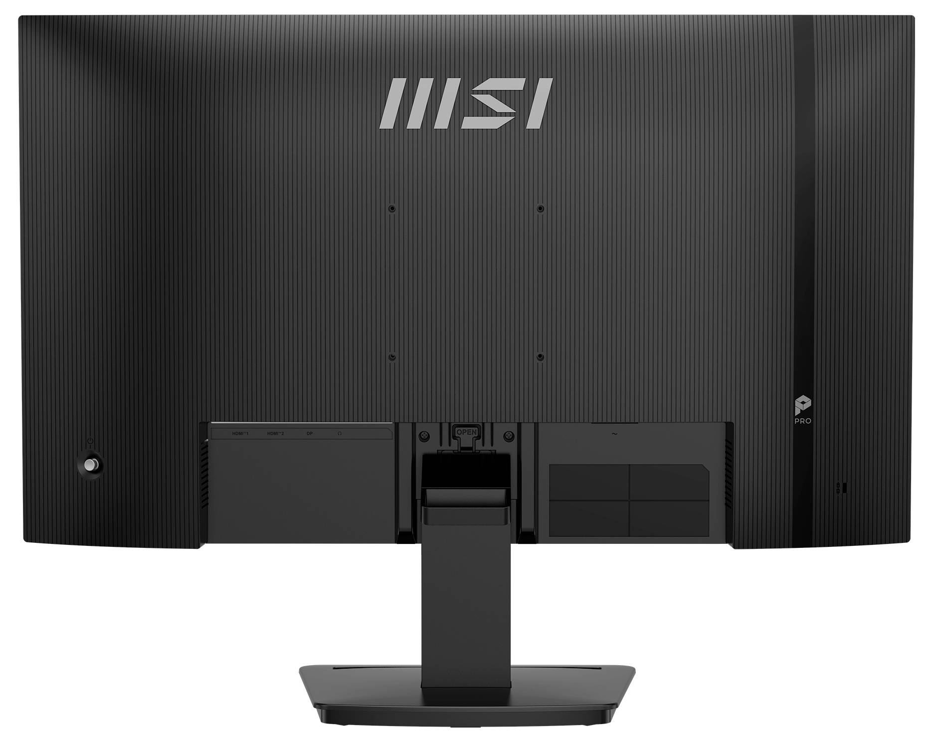 Zadní pohled na černý počítačový monitor s nastavitelným stojánem, obsahující logo a několik portů pro připojení.
