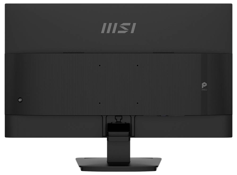 Černý počítačový monitor pohledaný zezadu, s centrálním stojanem a logem technologické společnosti poblíž horního okraje.