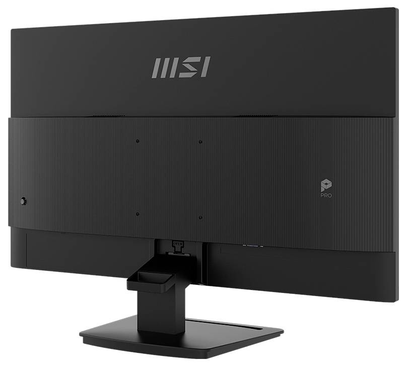 Černý monitor MSI vídaný zezadu, s logem řady Pro a nastavitelným stojanem, což naznačuje elegantní a moderní design.