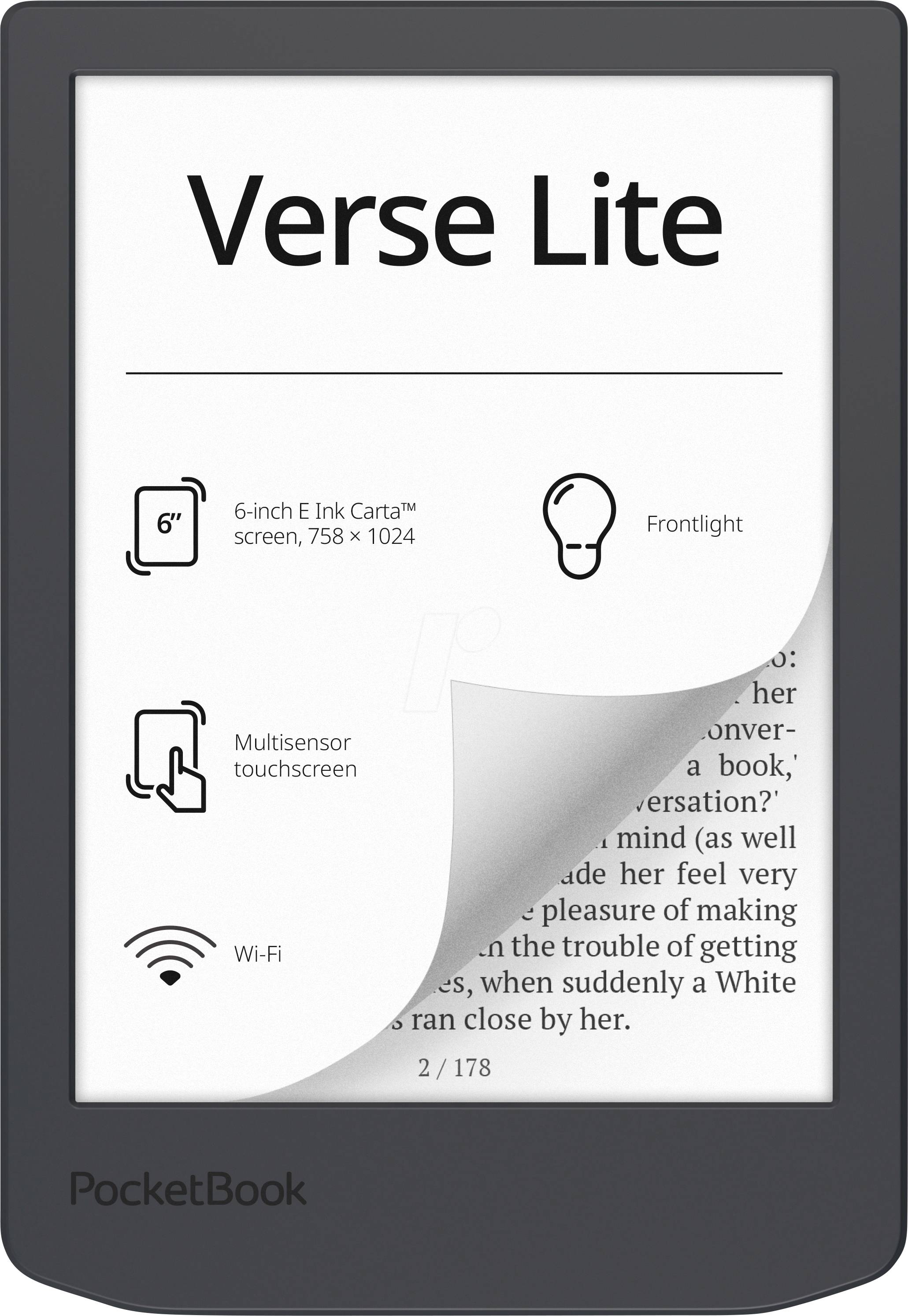 Obrázek zobrazuje čtečku elektronických knih, "Verse Lite" od společnosti PocketBook, vybavenou 6palcovým displejem E Ink Carta, multisenzorovým dotykovým displejem a Wi-Fi.