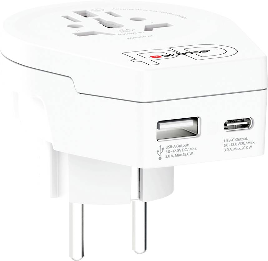 Mezinárodní cestovní adaptér s více typy zásuvek a USB porty, určený pro použití v různých zemích k nabíjení zařízení.