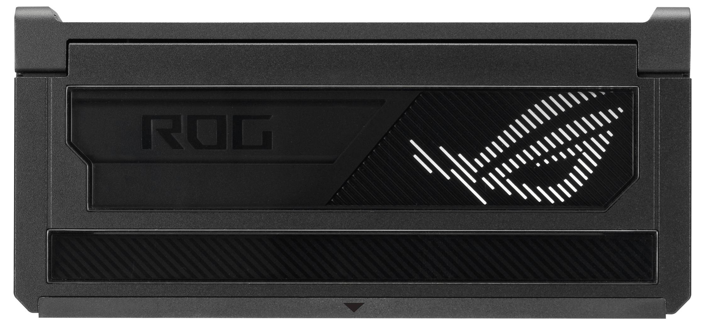 Černá grafická karta s nápisem "ROG" a stylizovaným logem na straně, která se vyznačuje elegantními, moderními designovými prvky.