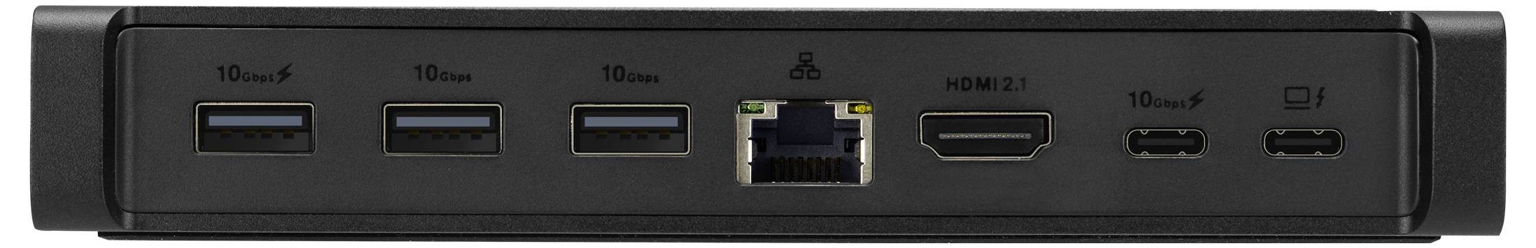 Zadní pohled na dokovací stanici s různými porty: třemi porty USB 3.0, portem Ethernet, HDMI, USB-C a konektorem napájecího zdroje.