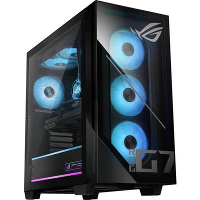 Vysoce výkonná PC věž s RGB osvětlením, s průhledným bočním panelem zobrazujícím vnitřní komponenty, včetně chladicích ventilátorů.