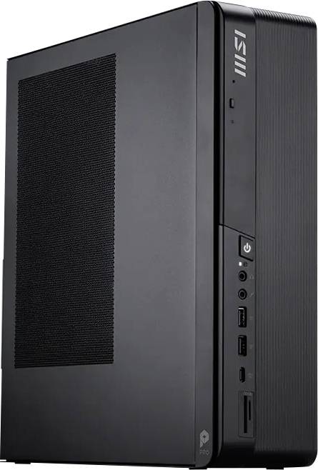 Černá miniaturní počítačová věž MSI zobrazená v třičtvrtinném pohledu s viditelným předním tlačítkem napájení, porty USB a konektory pro sluchátka.