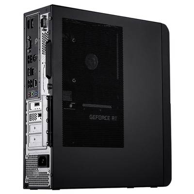 Zadní pohled na počítačovou skříň se zástrčkami na zadním panelu a bočním větracím otvorem s viditelnou grafickou kartou GeForce RTX v jejím nitru.