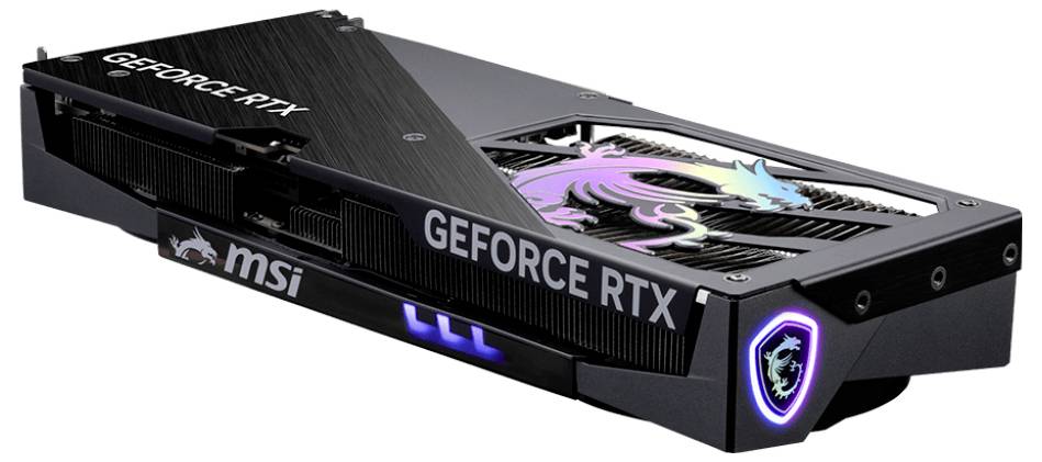 Grafická karta MSI GeForce RTX s RGB podsvětleným logem draka a chladícím ventilátorem, zobrazená v pohledu ze strany v produktovém stylu na bílém pozadí