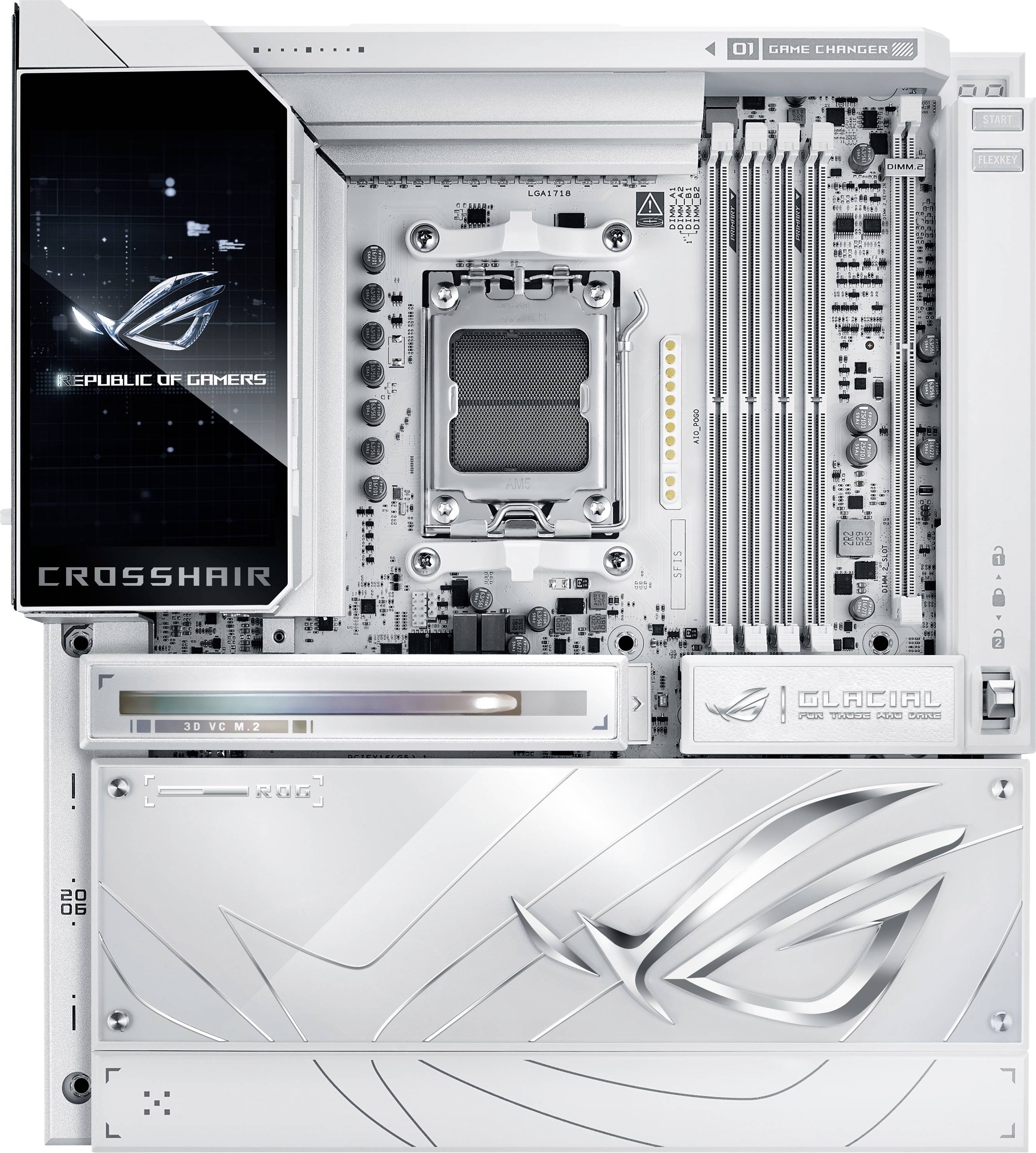 Detailní snímek bílého počítačového základního desky s logem "Republic of Gamers", vícenásobnými sloty pro hardware a složitými detaily obvodů.