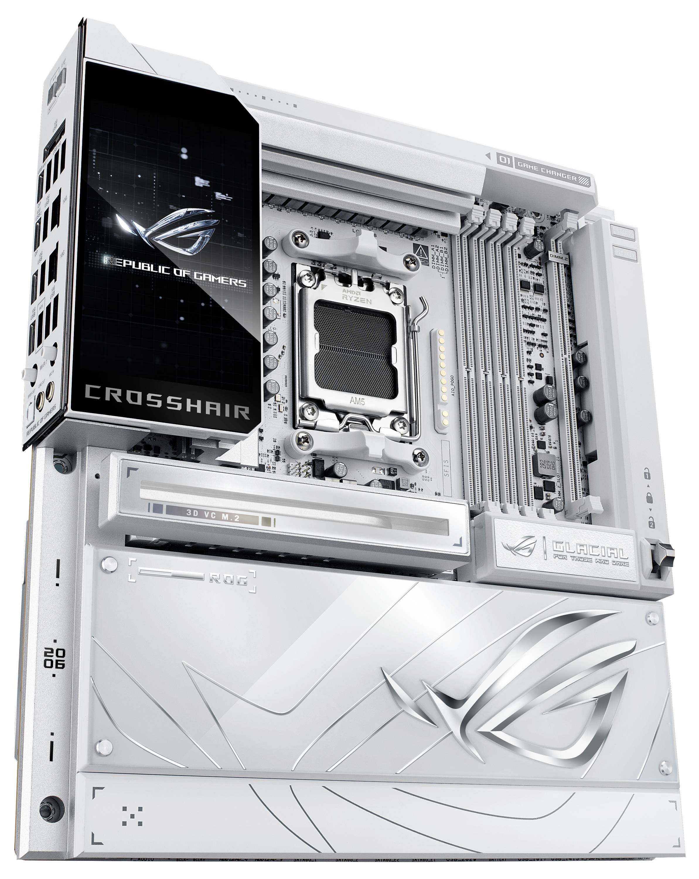 Základní deska 'ASUS ROG Crosshair' v designu stříbrno-bílé barvy s více sloty pro komponenty, která vykazuje pokročilé funkce chlazení a konektivity.