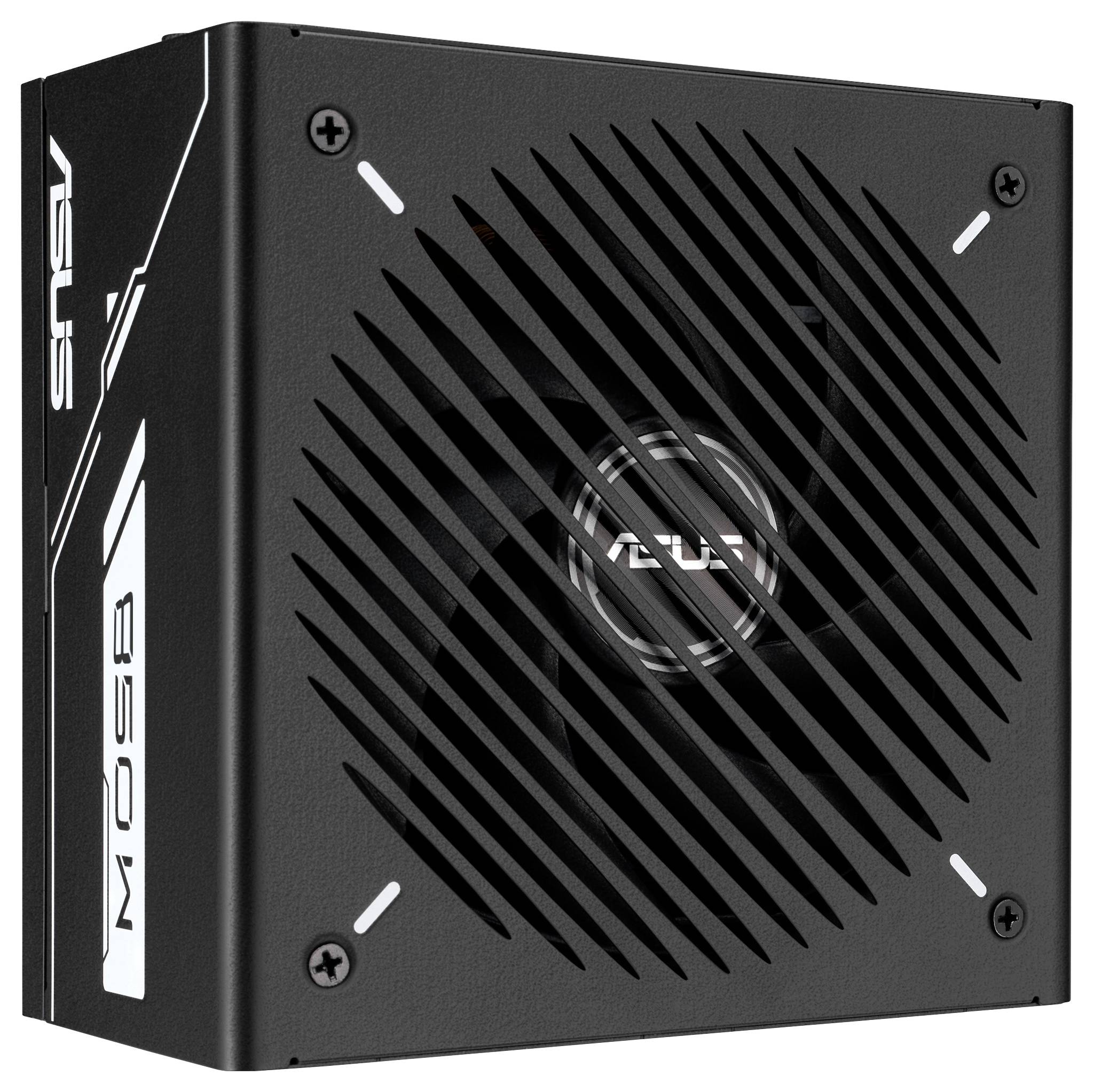 Černá napájecí jednotka Asus 850W s prominentním chladícím ventilátorem a elegantním designem, která má na boku bílé značení.