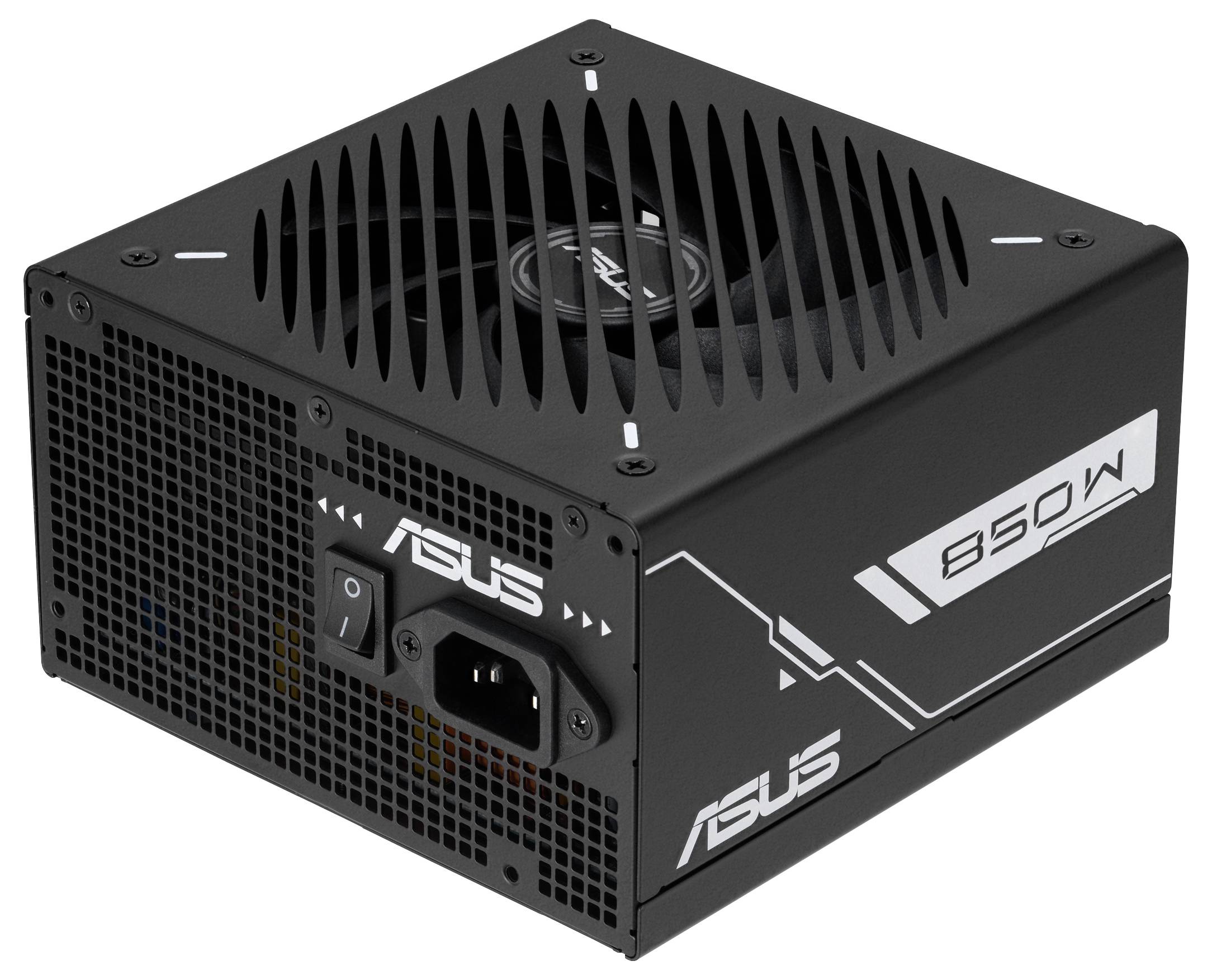 Černá napájecí jednotka ASUS 850W s ventilátorem na horní straně, spínačem napájení a portem kabelu na boku, určená pro stolní počítače.