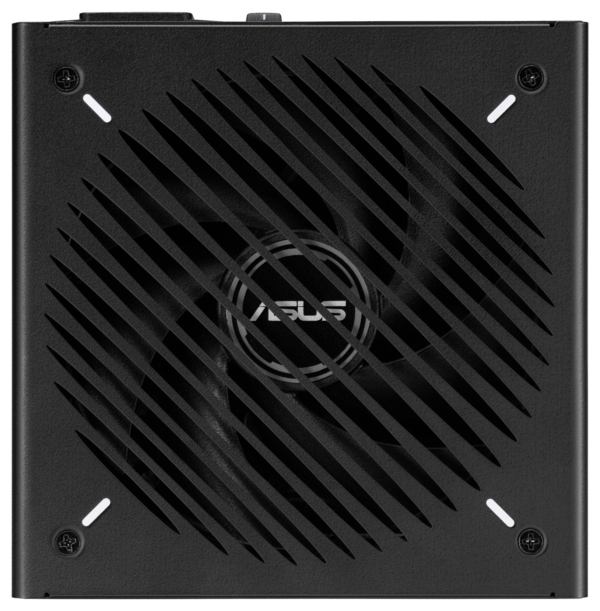 Černá jednotka počítačového zdroje s diagonálním designem ventilace a viditelným ventilátorem. Logo je umístěno uprostřed ventilátoru.