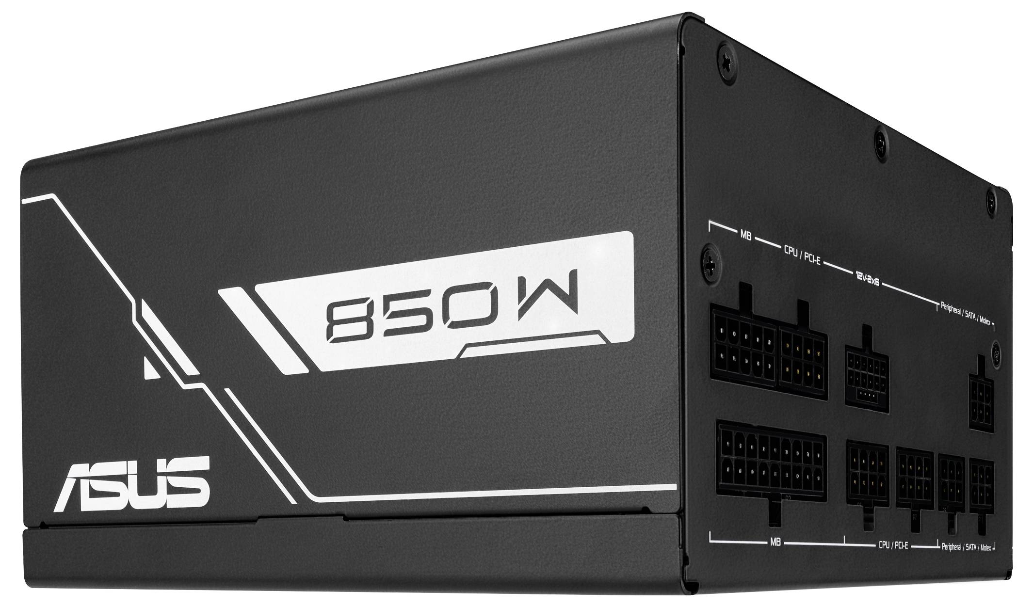 Zdroj ASUS 850W, černý, s více porty připojení na straně.