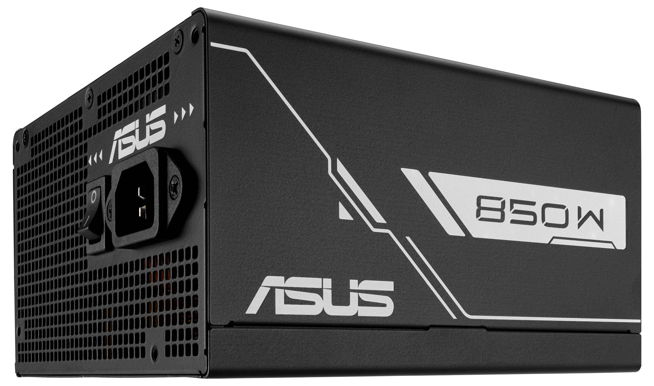 Černá jednotka napájecího zdroje ASUS s nápisem „850W" na boku. Má děrované vzduchové otvory na jednom konci pro chlazení.