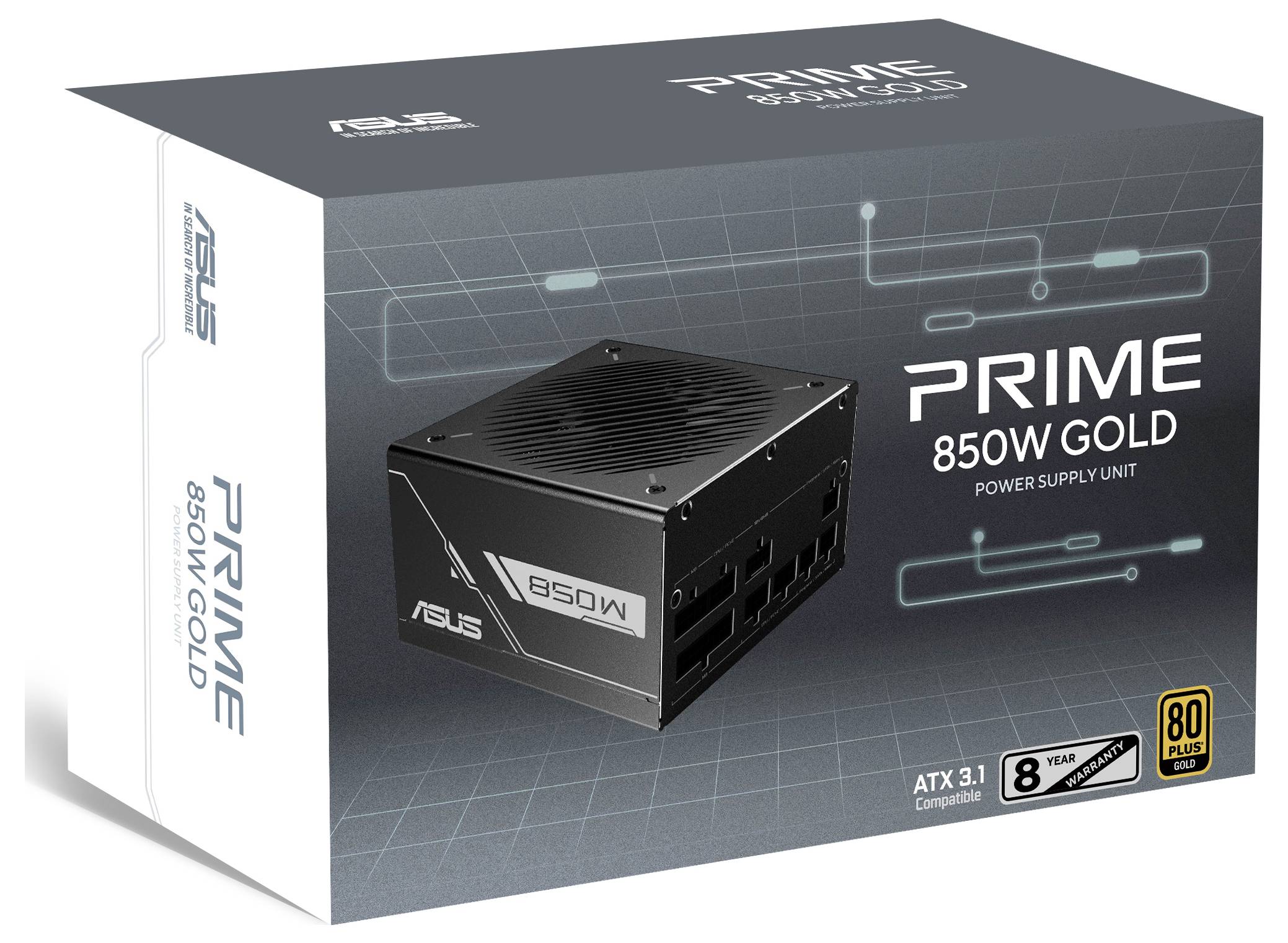 Balení jednotky zdroje napětí "PRIME 850W GOLD" s obrázkem jednotky a funkcemi jako "ATX 3.1 kompatibilní" a "80 Plus Gold".