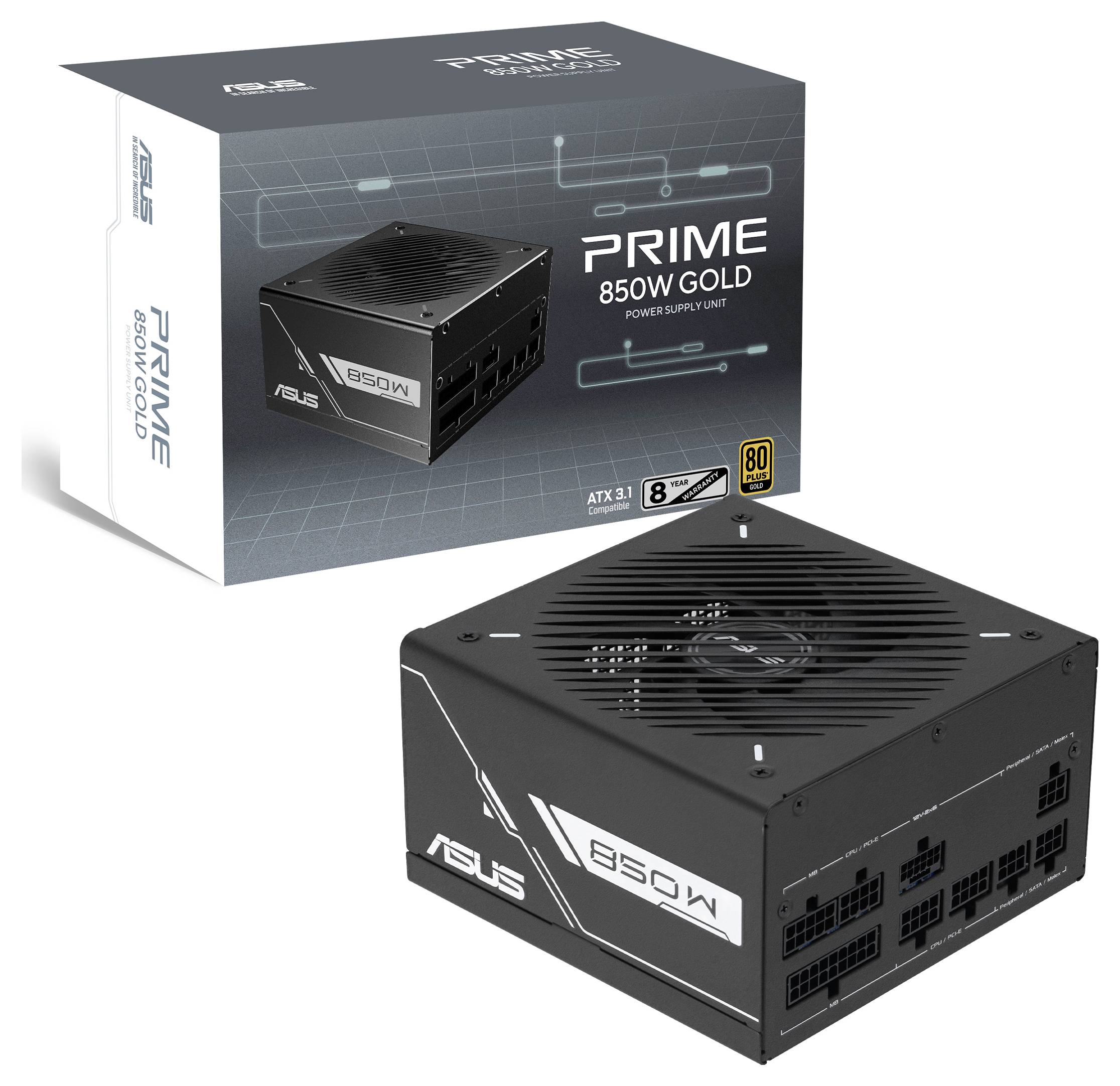 Černý zdroj ASUS Prime 850W Gold s originálním obalem. Disponuje více připojovacími porty a certifikací 80 Plus Gold.