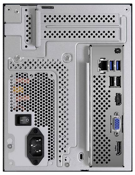 Zadní panel skříně počítače zobrazující různé porty a konektory, včetně USB, HDMI, VGA a zásuvky napájecího zdroje.