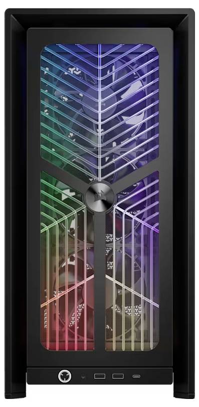 Černá skříň stolního PC s předním sklíčkem, vnitřními ventilátory s RGB podsvícením a úhlovitými designovými prvky připomínajícími větrací otvory.