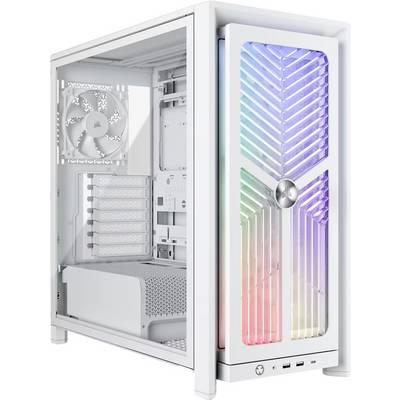 Bílá skříň stolního počítače s bočním panelem z tvrzeného skla a předním panelem s RGB osvětlením, který ukazuje vnitřní chladicí ventilátory a sloty pro rozšíření.