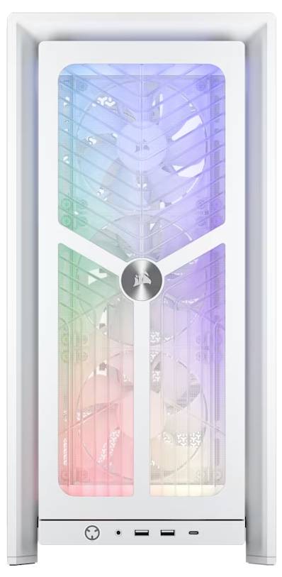 Přední pohled na bílou desktopovou PC skříň s průhledným osvětleným bočním panelem RGB a třemi předními větrací sekcemi.