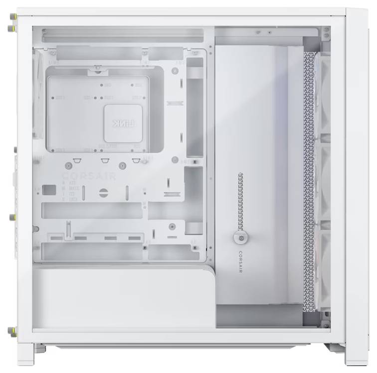 Bílá skříň Corsair PC s interiérem zobrazujícím desku základní desky, kryt zdroje a plochu pro přední radiátor/montáž ventilátoru.