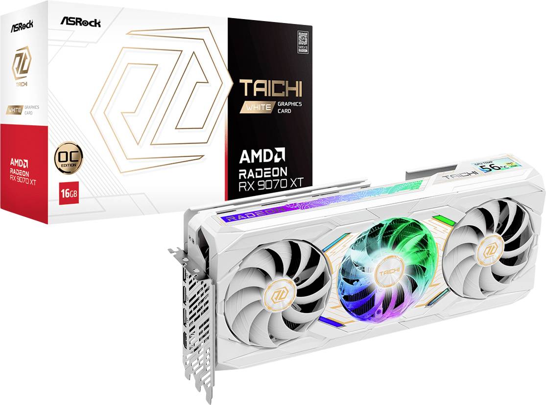 AMD Radeon RX 7900 XT Taichi grafická karta v bílé barvě se třemi chladicími ventilátory, RGB osvětlením a balením v pozadí.