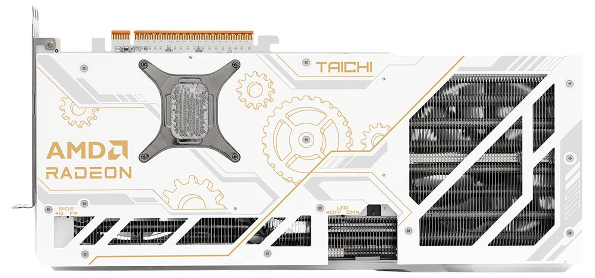 Grafická karta s bílým a oranžovým designem obsahujícím vzory ozubených kol. Štítky obsahují 'AMD Radeon' a 'TAICHI'.