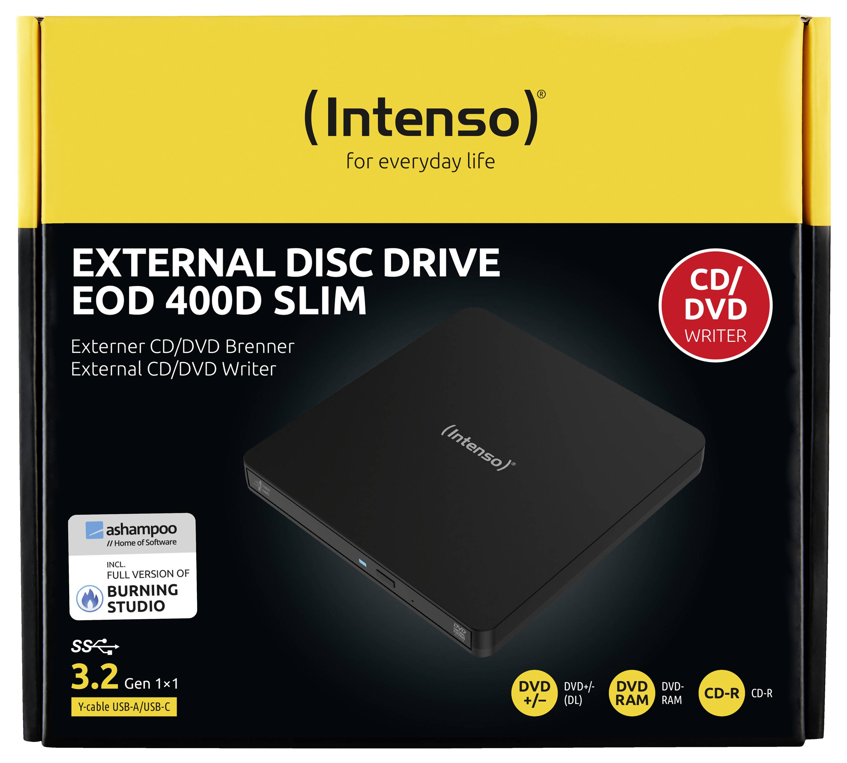 Externí disk Intenso EOD 400D Slim. Funkce zahrnují zápis CD/DVD, USB 3.2 Gen 1x1, DVD±R/RW, DVD RAM a možnosti CD-R.