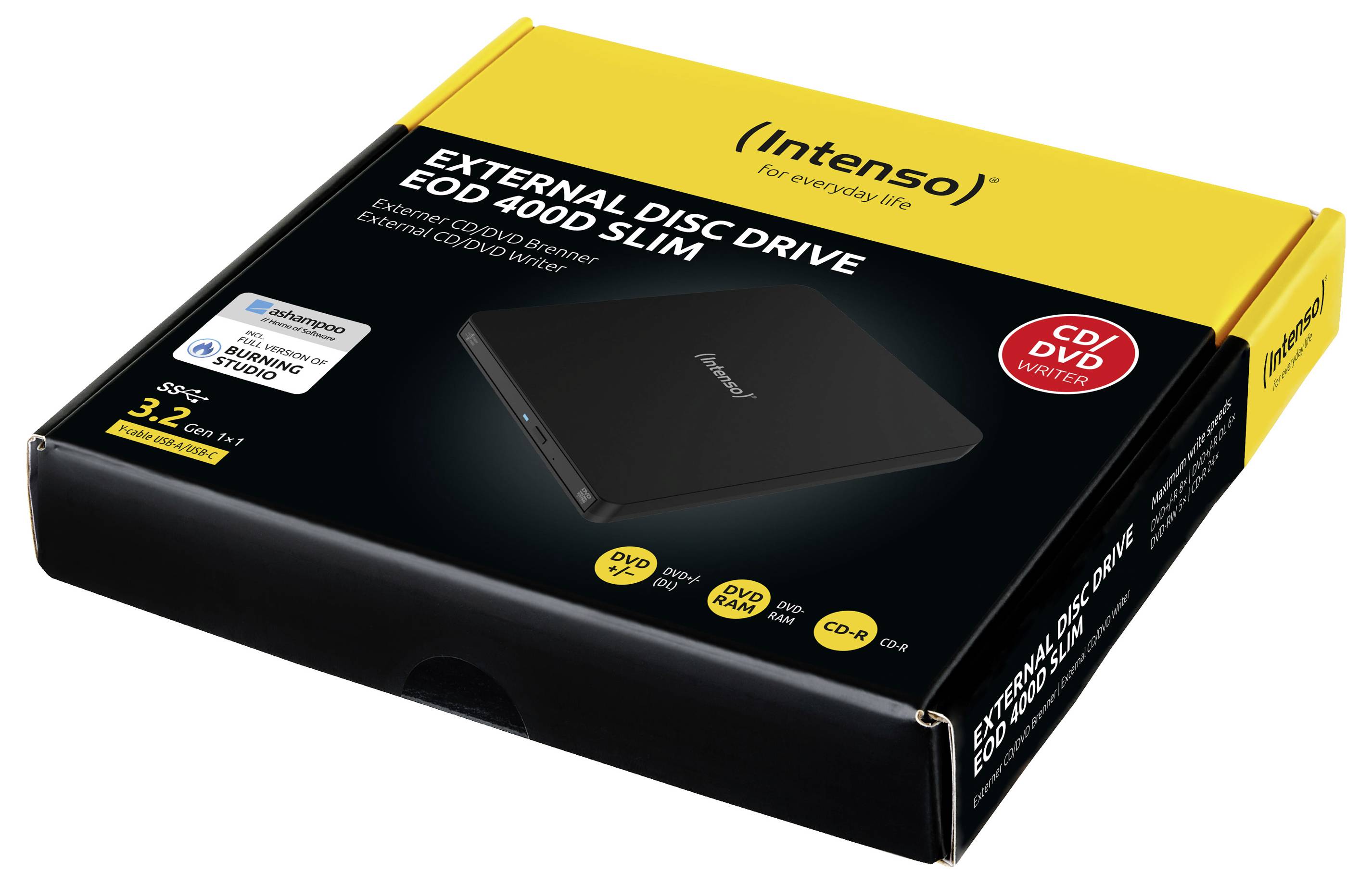 „Intenso External Disc Drive EOD 4800 Slim", kompaktní přenosná jednotka pro zápis CD/DVD, zobrazená na žluto-černém balení. USB 3.2 Gen 1, kompatibilní se systémem Windows.