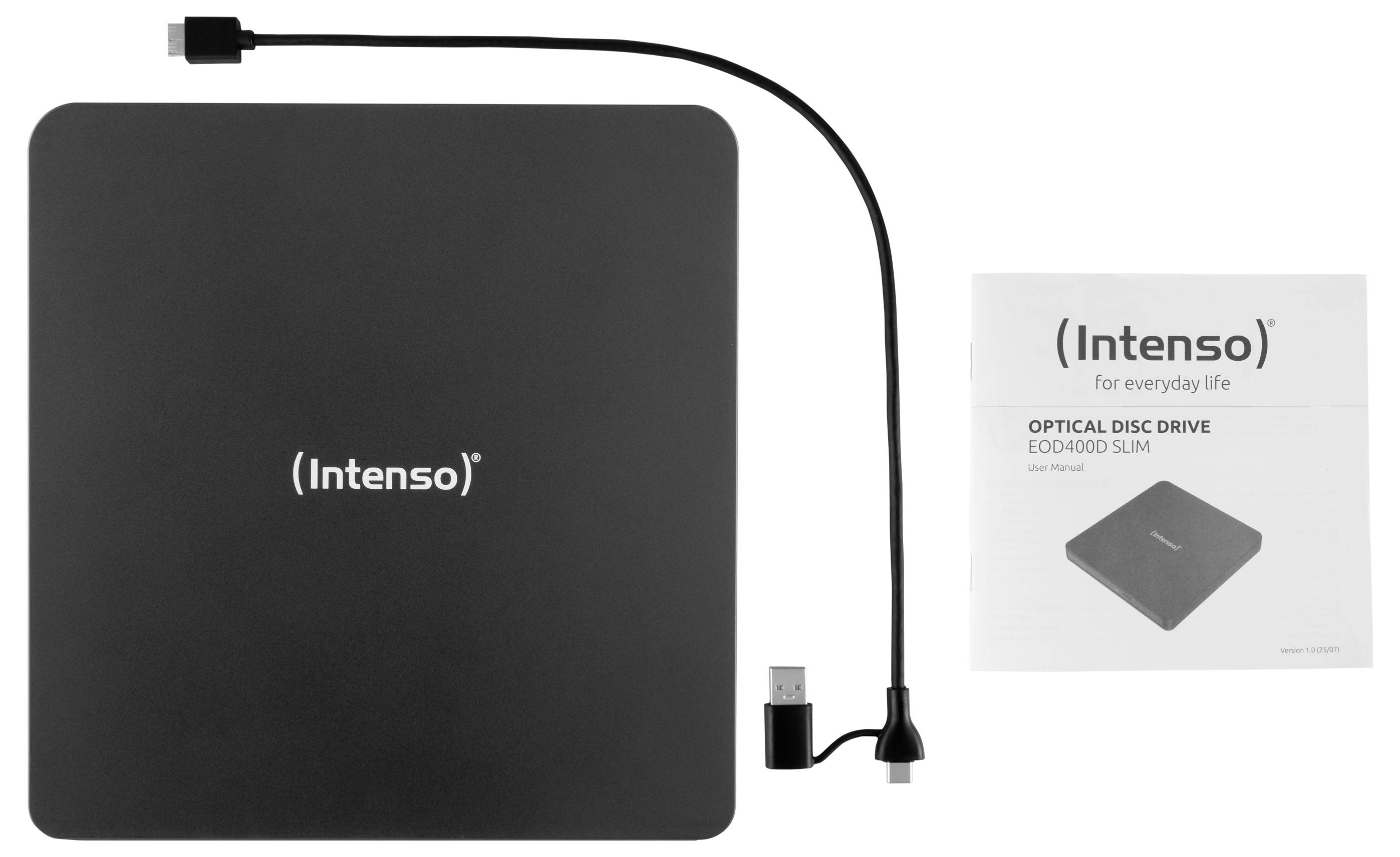 Optická jednotka značky "Intenso" s kabelem USB a uživatelskou příručkou s názvem "Optical Disc Drive EOD4000 Slim" na straně.