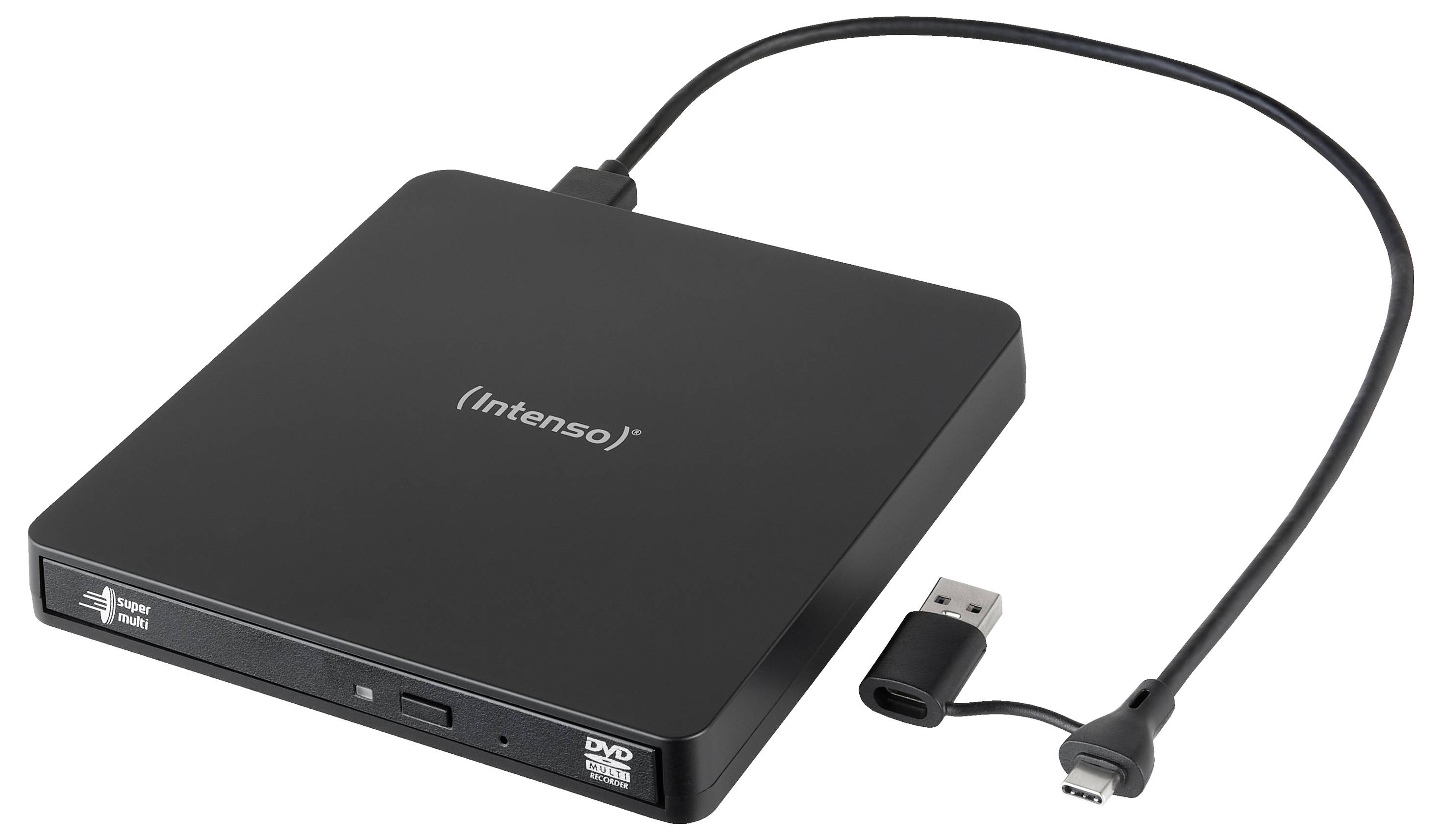 Externí DVD mechanika s kabelem USB, značka „Intenso". Zahrnuje možnost zápisu DVD a CD.