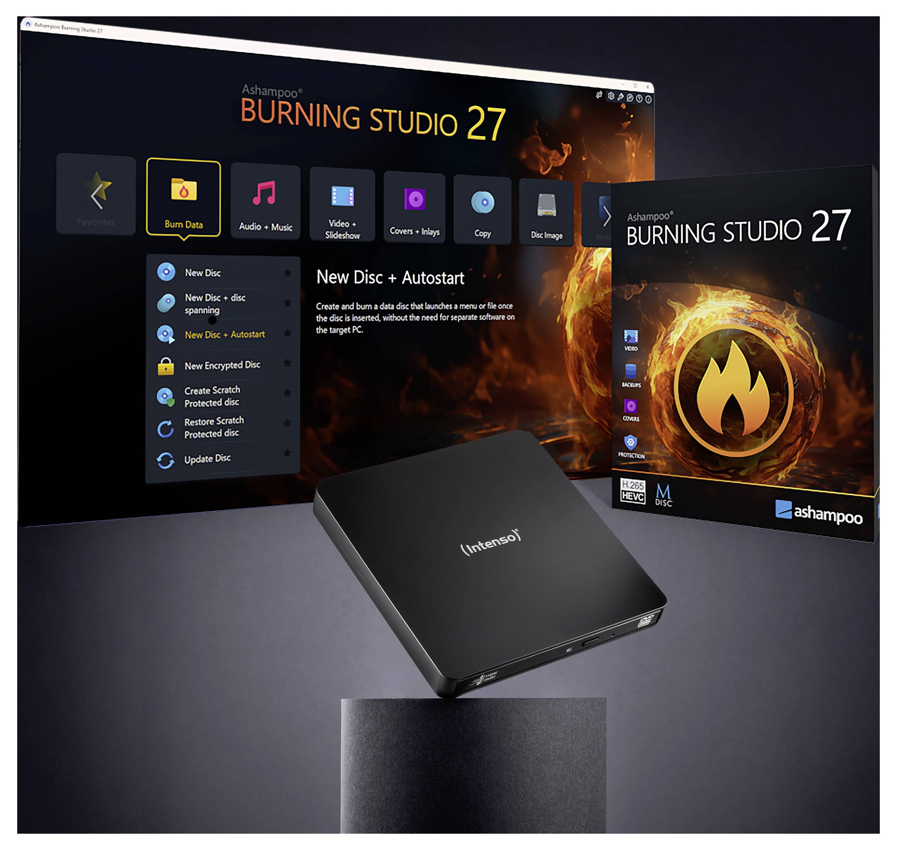 Ashampoo Burning Studio 27 software rozhraní s vypalováním disků a obalem. Hlavní možnosti nabídky zahrnují vypalování dat, hudby a videa.