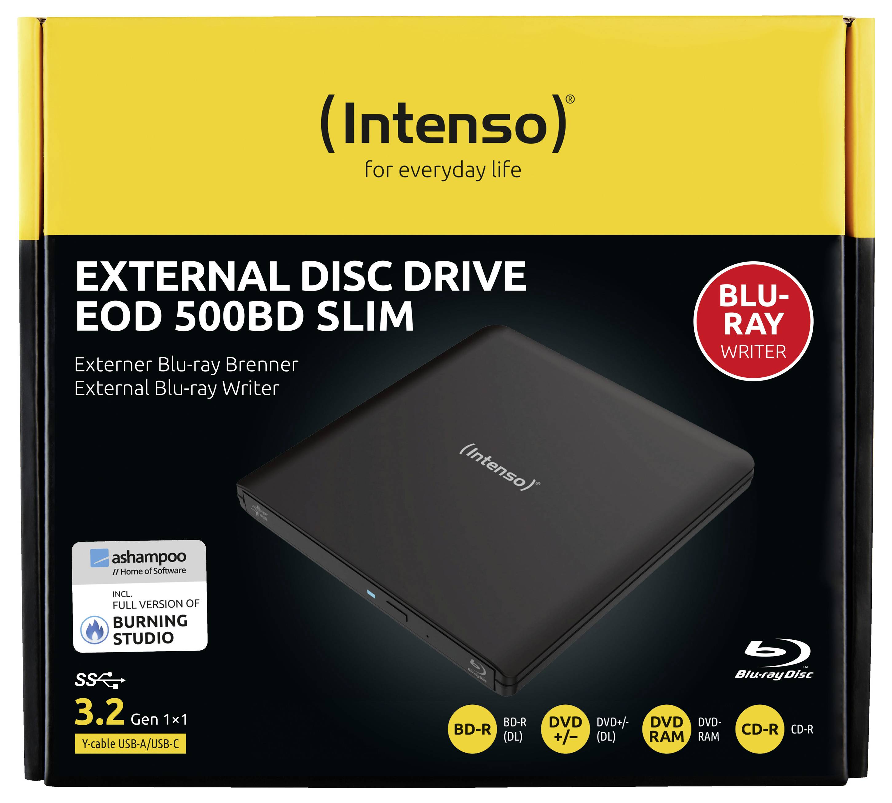 Balení 'Intenso External Disc Drive EOD 500BD Slim'. Vlastnosti zahrnují zapisovací jednotku Blu-ray, USB 3.2, podporu DVD, CD, design v černé barvě Slim.