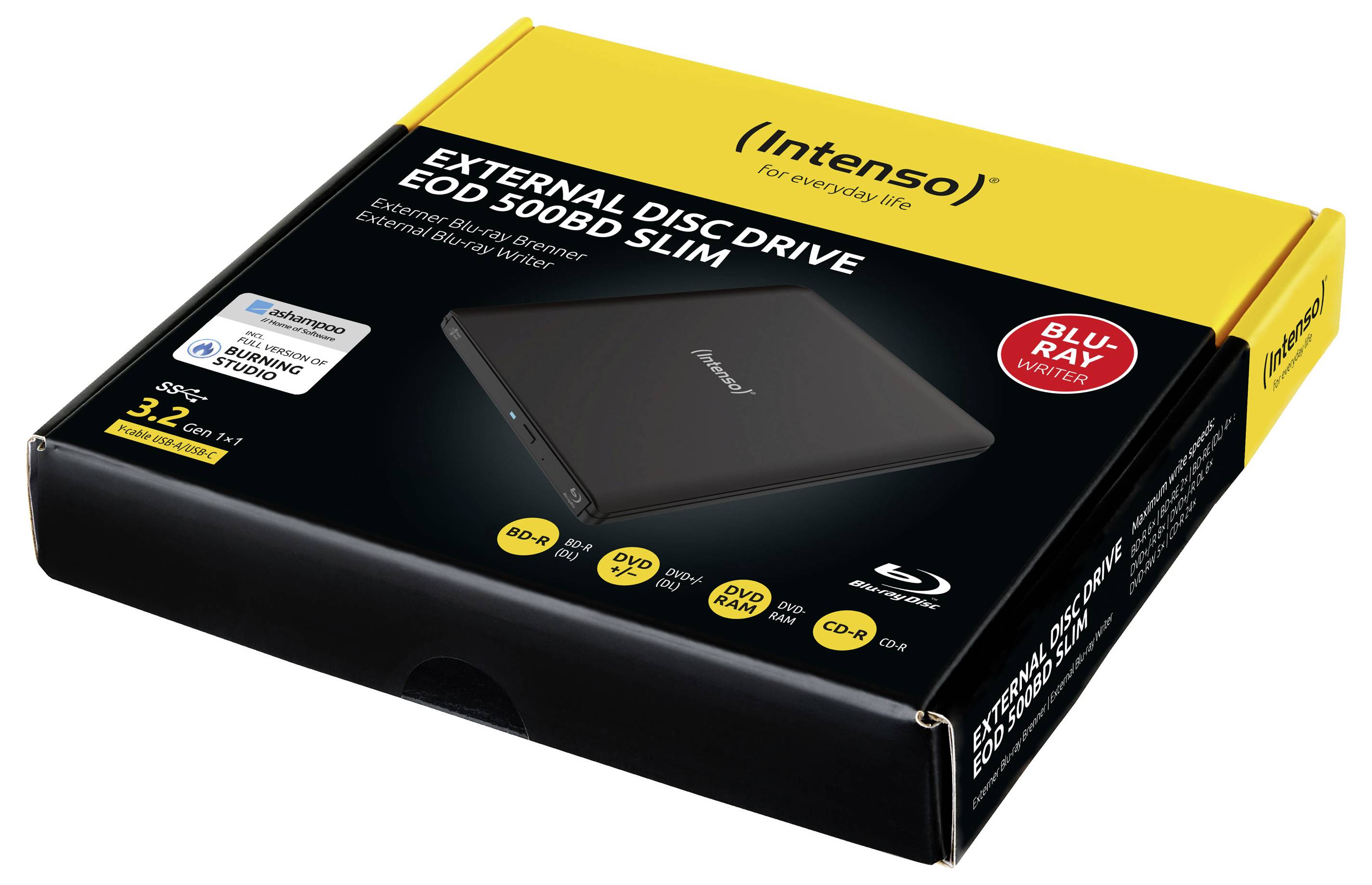 Balení "Intenso External Disc Drive EOD 5080G Slim". Vlastnosti: Blu-ray, čtení/zápis CD/DVD. Rozhraní USB 3.2 Gen 1.