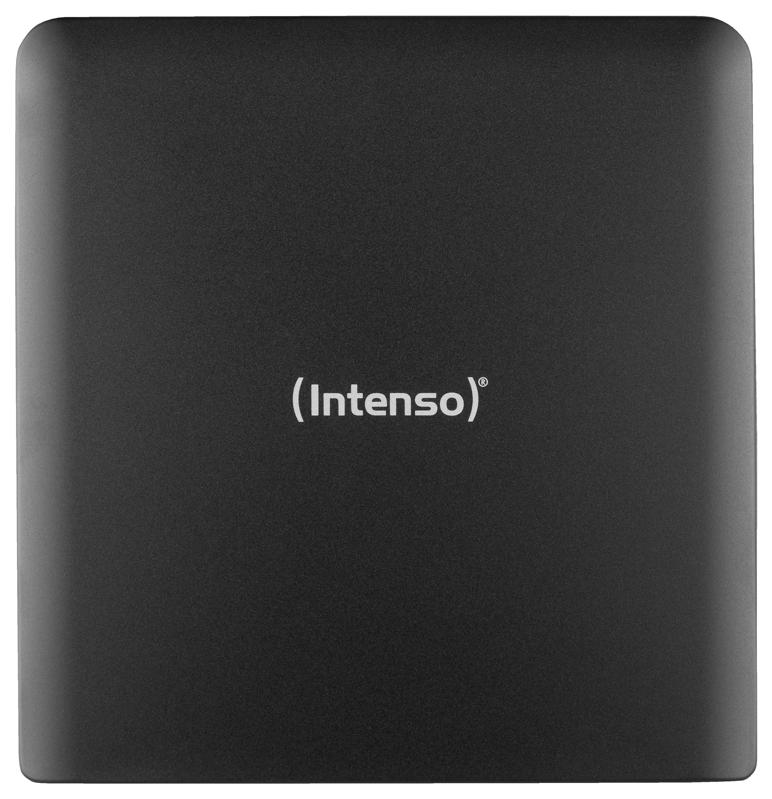 Externí pevný disk 'Intenso', černý, čtvercový tvar, bez viditelných konektorů.