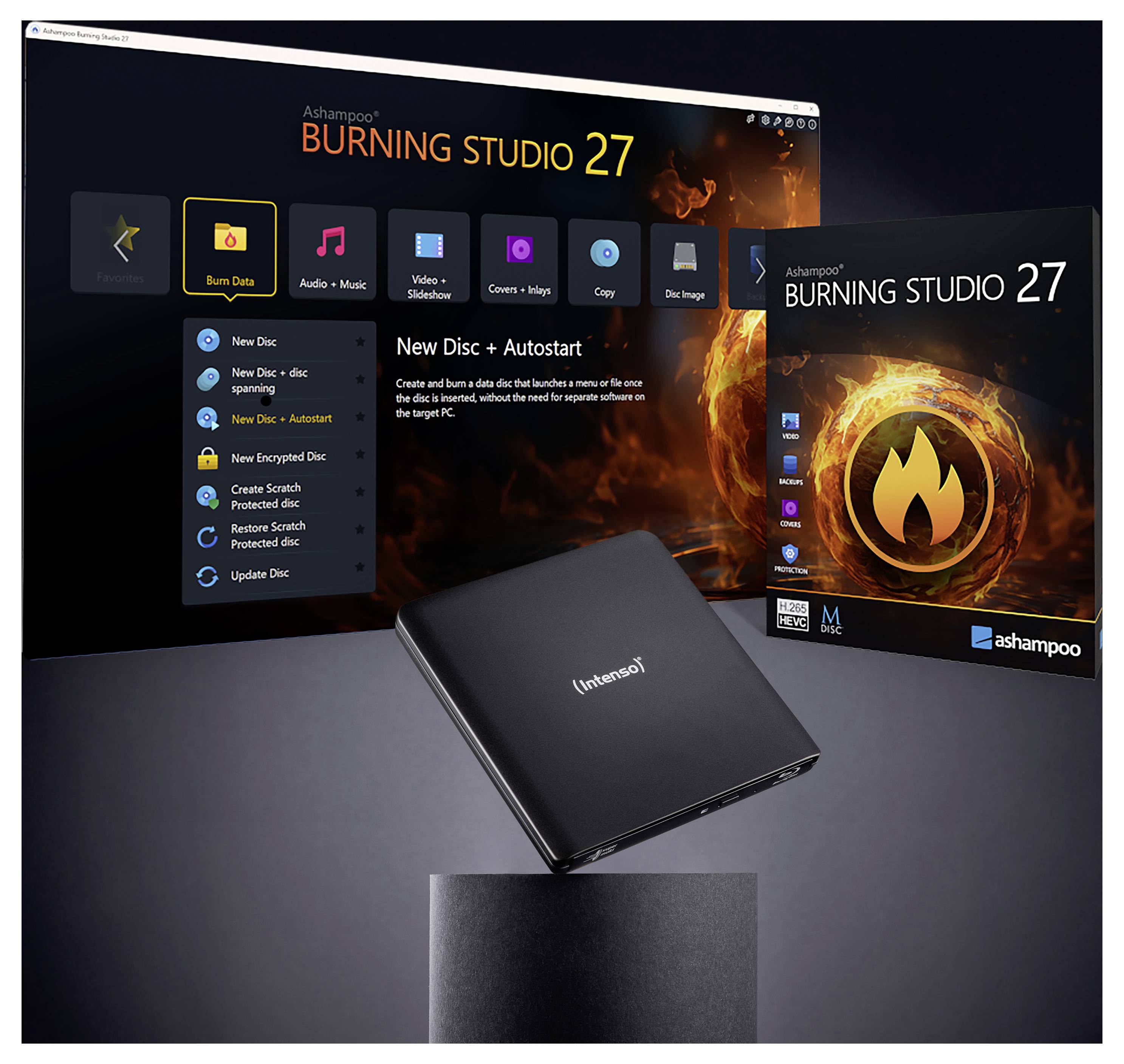 Softwarové rozhraní "Burning Studio 27" s možnostmi a nástroji pro vypalování disků, spolu s externím diskem, zdůrazňující použití počítače.