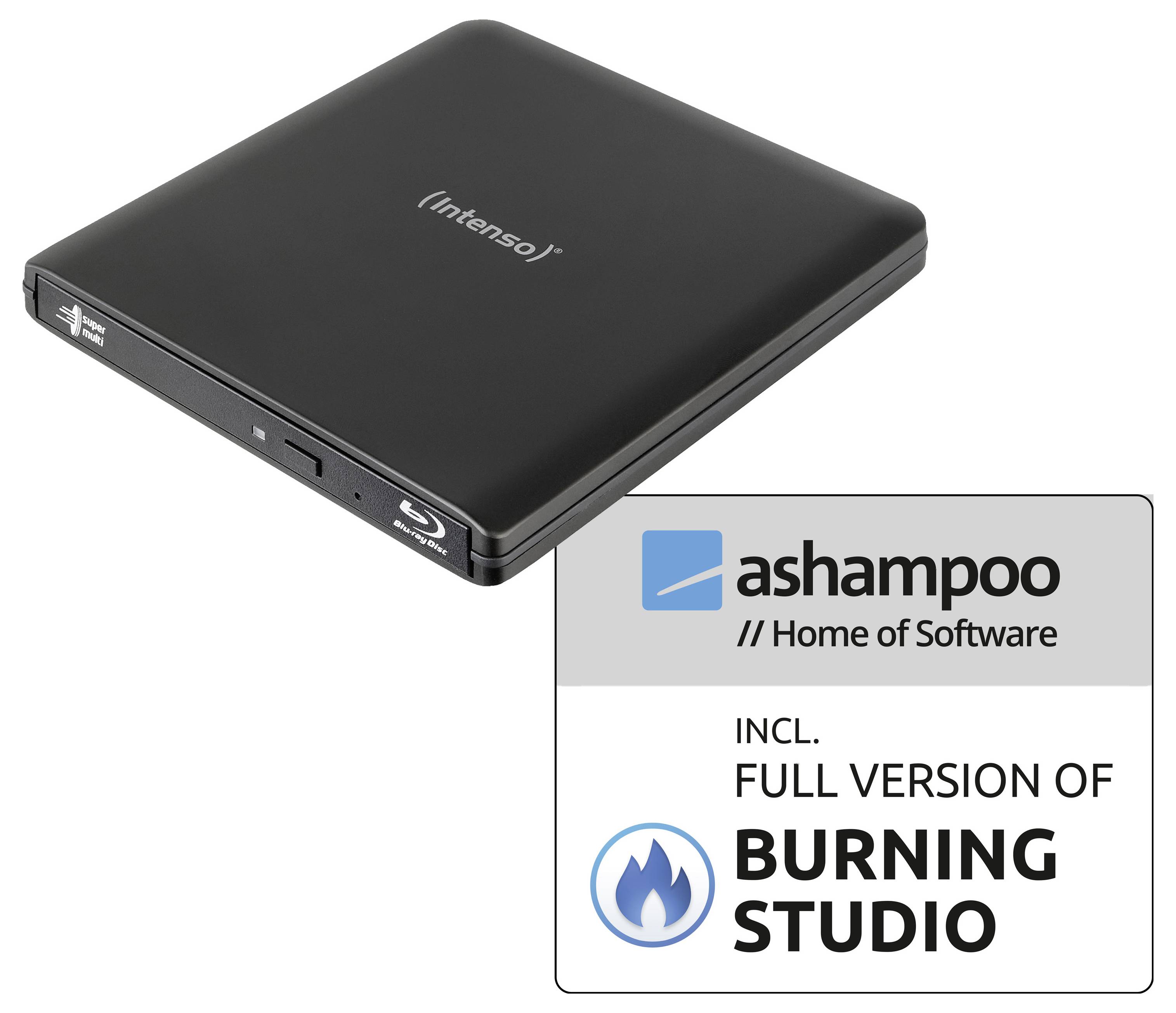 Černá externí Blu-ray mechanika Intenso s přiloženým software balíčkem Ashampoo 'Burning Studio'.
