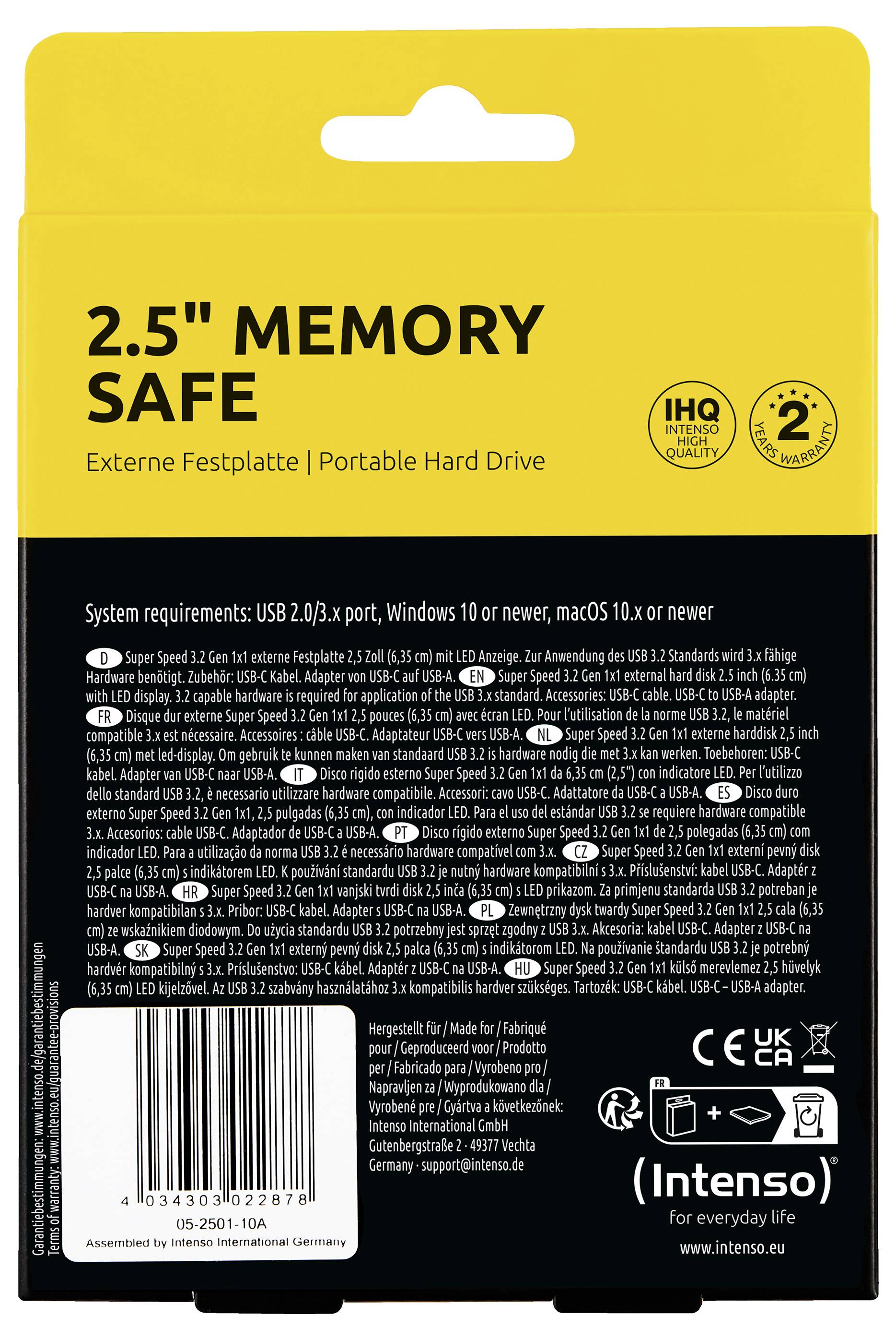 Obal přenosného pevného disku "2.5" Memory Safe" zobrazující klíčové funkce: kompatibilita USB 2.0/3.0, systemové požadavky a informace o záruce.