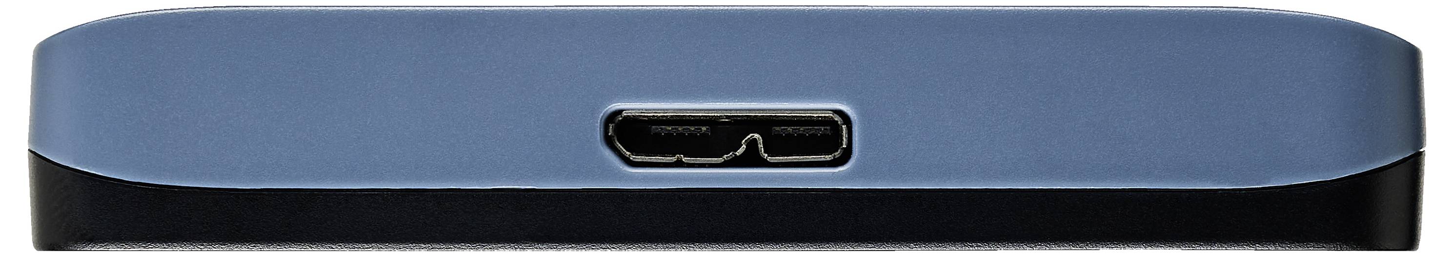 Modrý externí pevný disk s USB portem na boku.