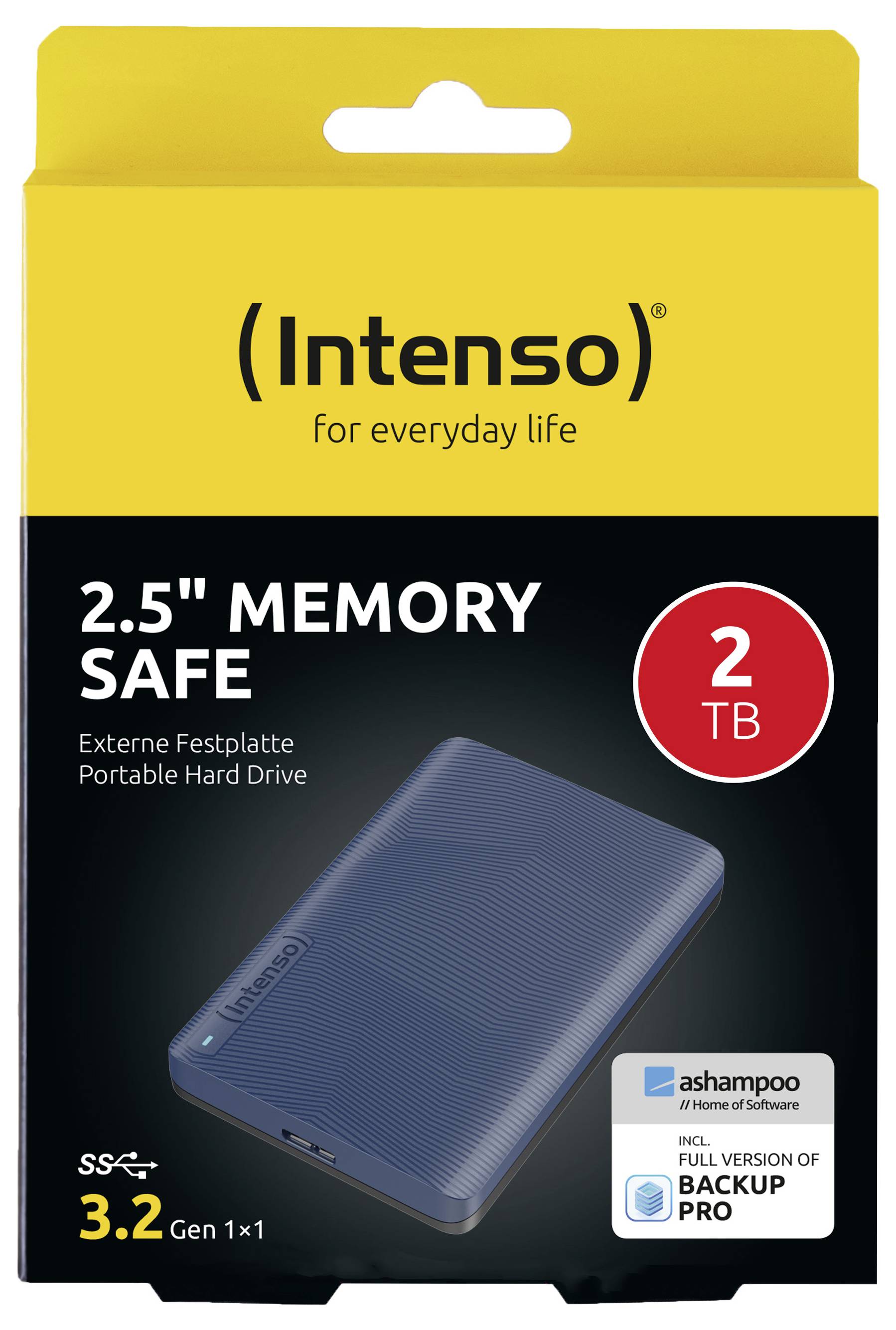 Balení externí pevného disku 'Intenso 2.5" Memory Safe' zobrazující kapacitu 2 TB, rozhraní USB 3.2 Gen 1x1 a nabídku software Ashampoo.