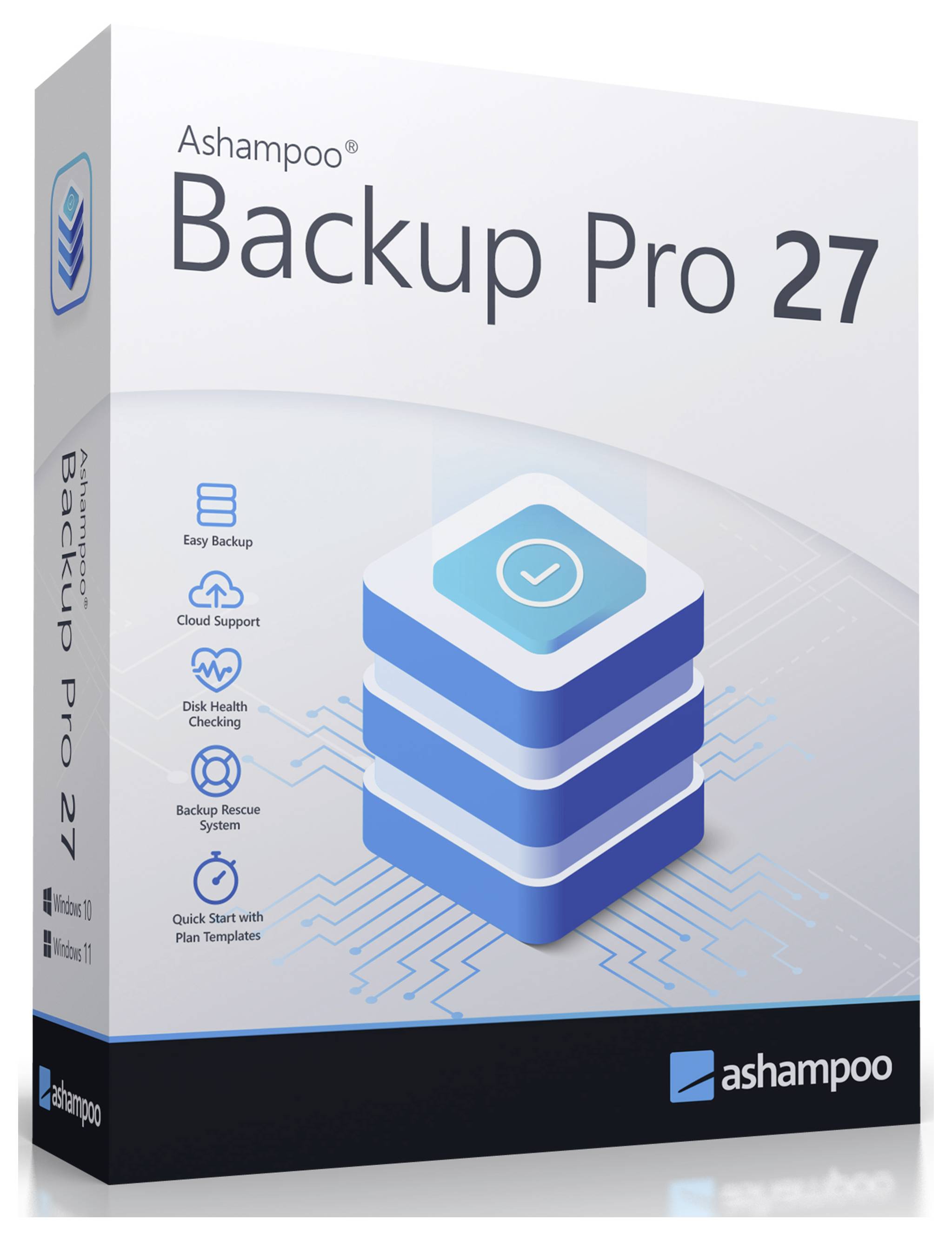 Obálka krabice software 'Ashampoo Backup Pro 27' s ikonami označujícími funkce jako jednoduché zálohování, podporu cloudu a monitorování stavu disku.