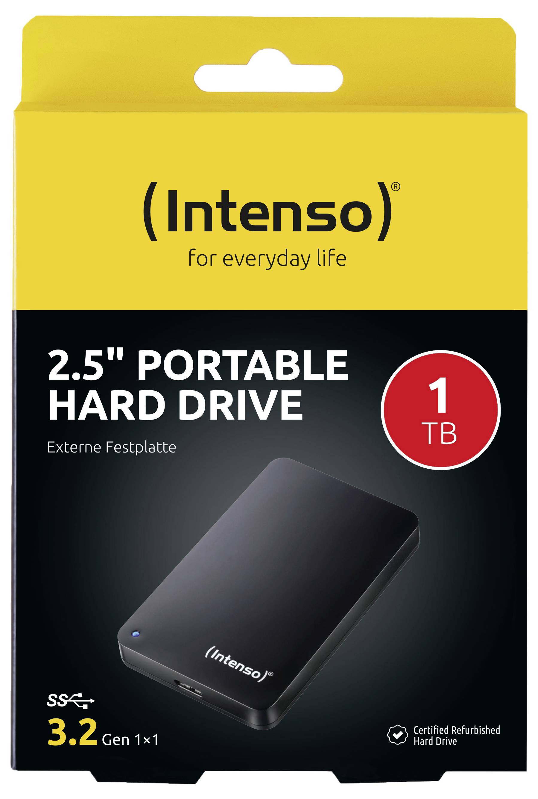 Obal přenosného pevného disku Intenso o velikosti 2,5 palce s kapacitou 1TB, kompatibilní s USB 3.2, v žlutém a černém krabičkovém balení.