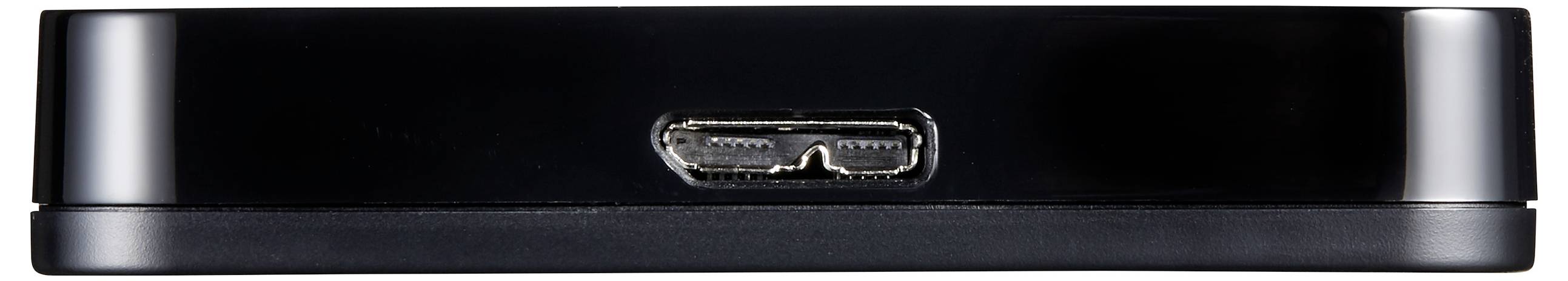 Černé elektronické zařízení se portem USB micro-B umístěným uprostřed jedné strany, běžně používané pro připojování nebo nabíjení zařízení.