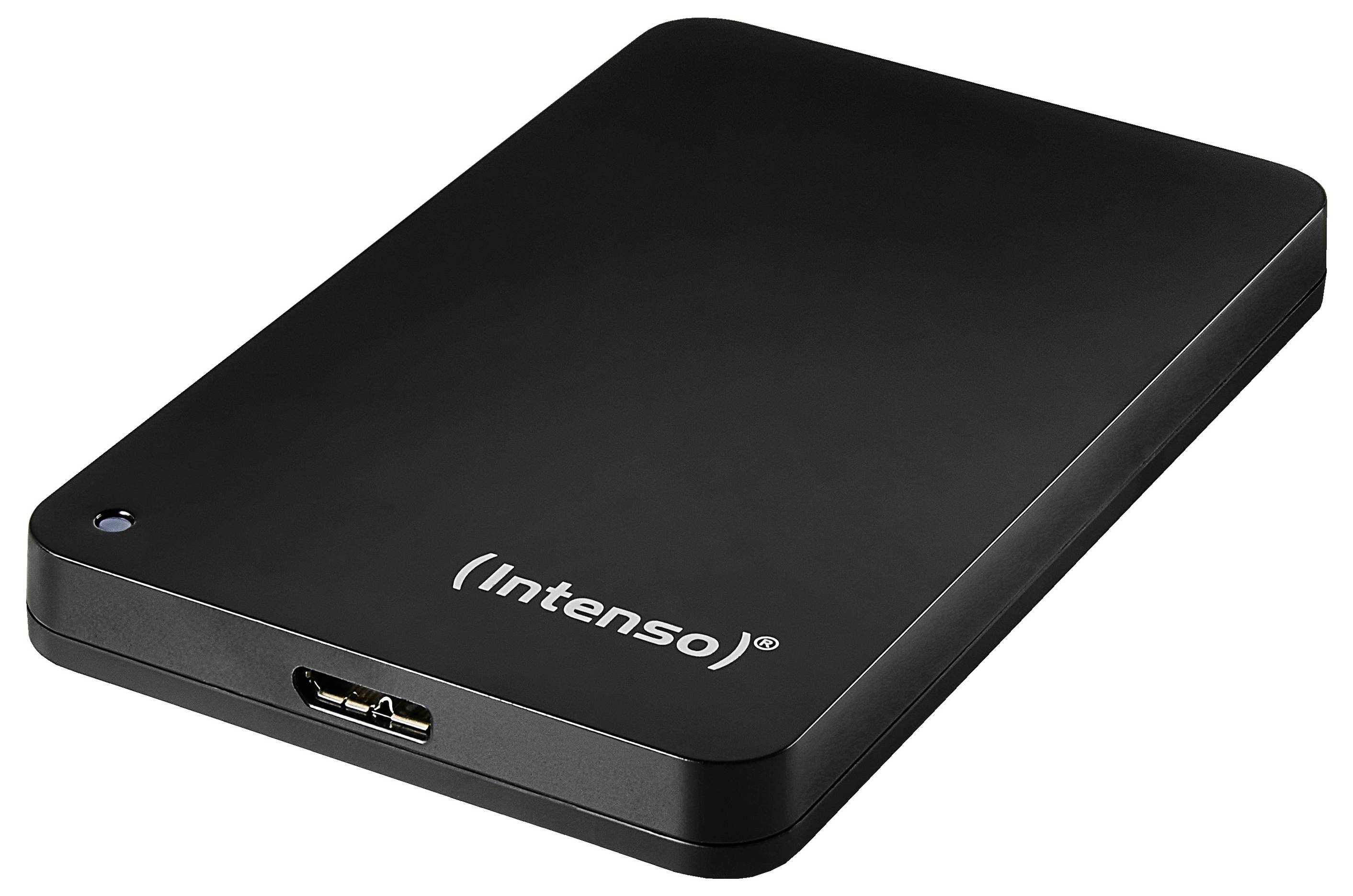 Elegantní, černá externí harddisk s viditelnou značkou 'Intenso' na povrchu, na kterém je viditelný jeden datový port na úzké hraně.