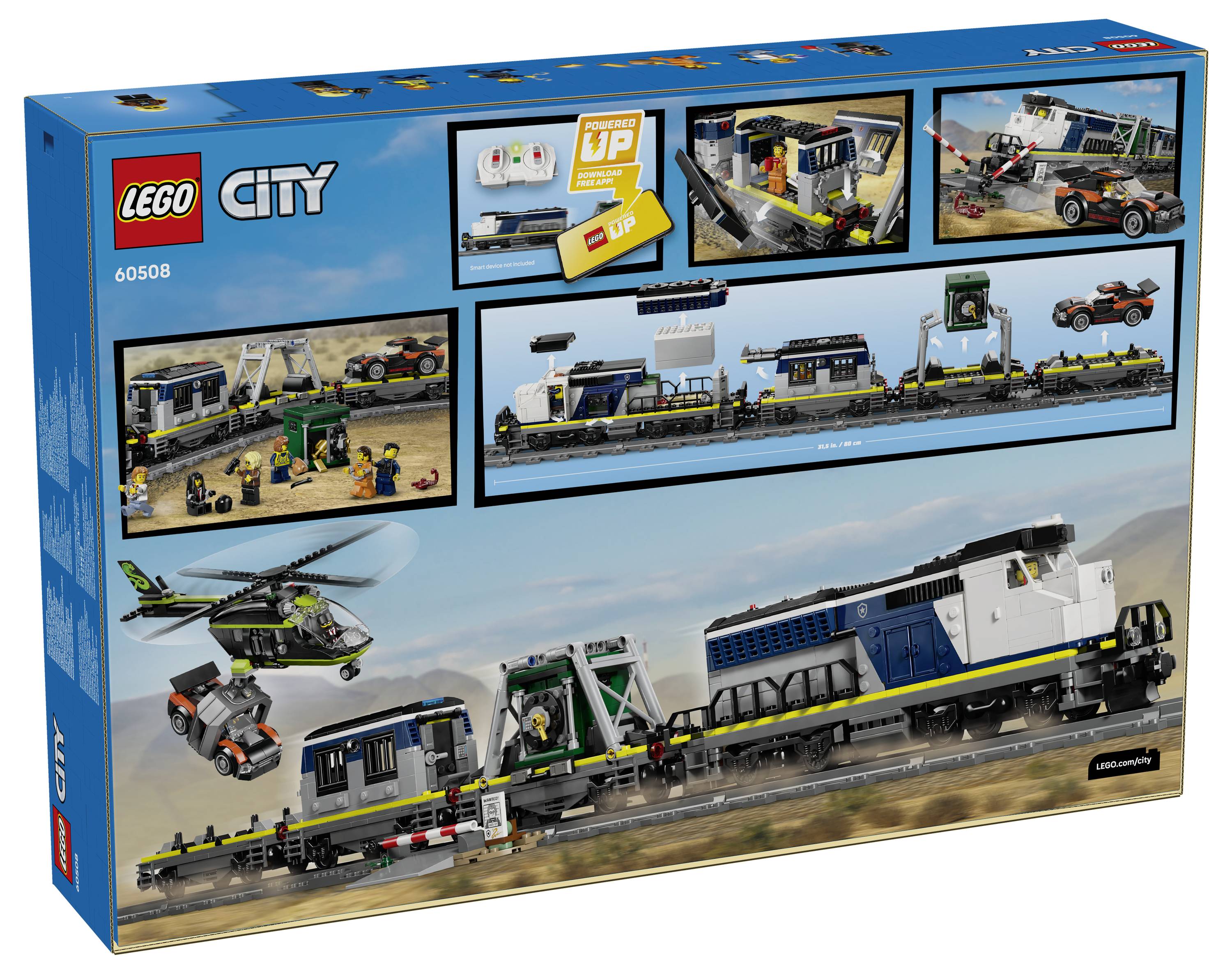 Krabice sady LEGO City Train s helikoptérou, nákladem a vlakem v pouštní krajině. Na obalu jsou zobrazeny pokyny k sestavení a vlastnosti sady.